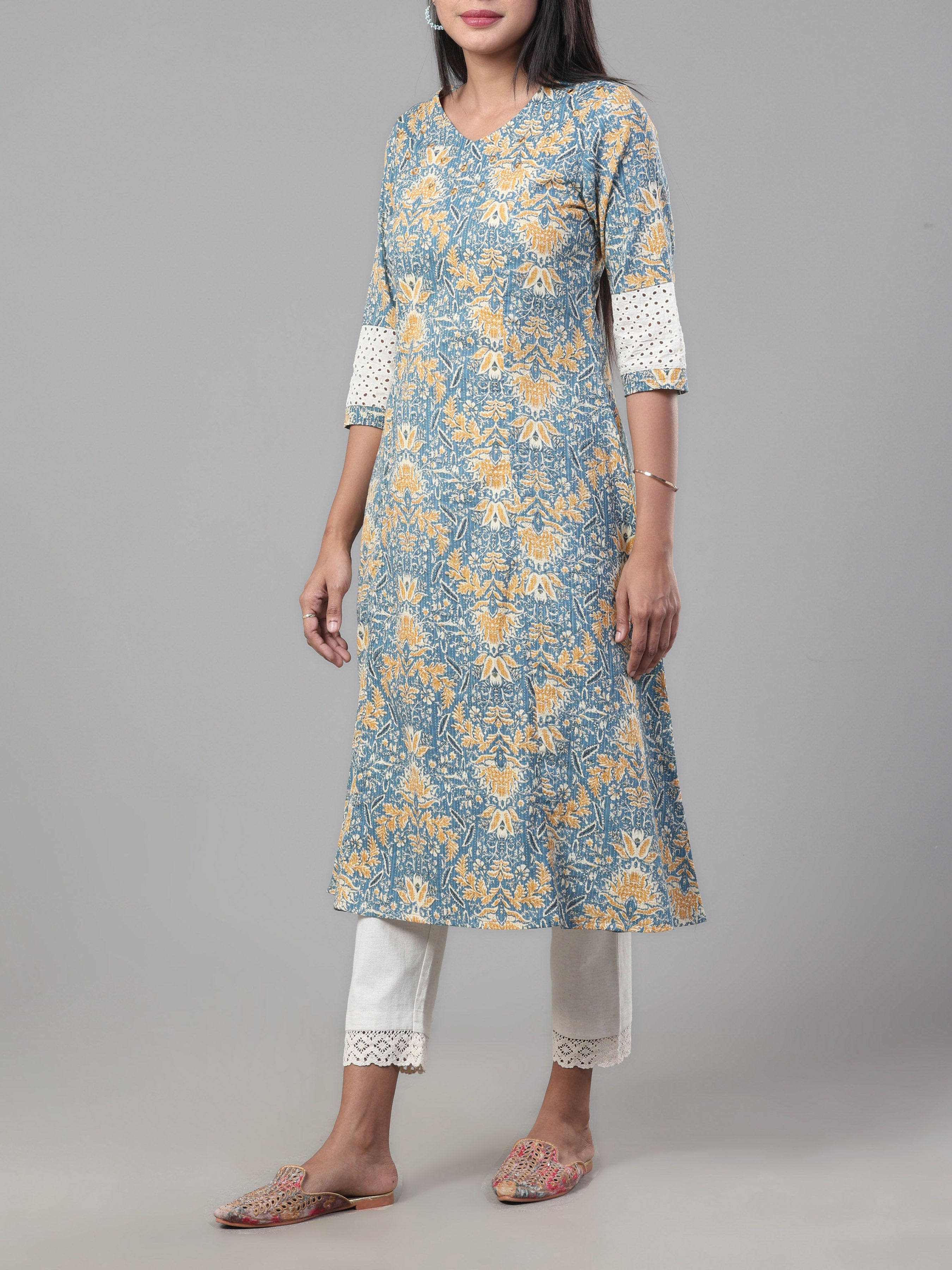 Light Blue Pure Cotton Printed Kurti With Mirror Work
