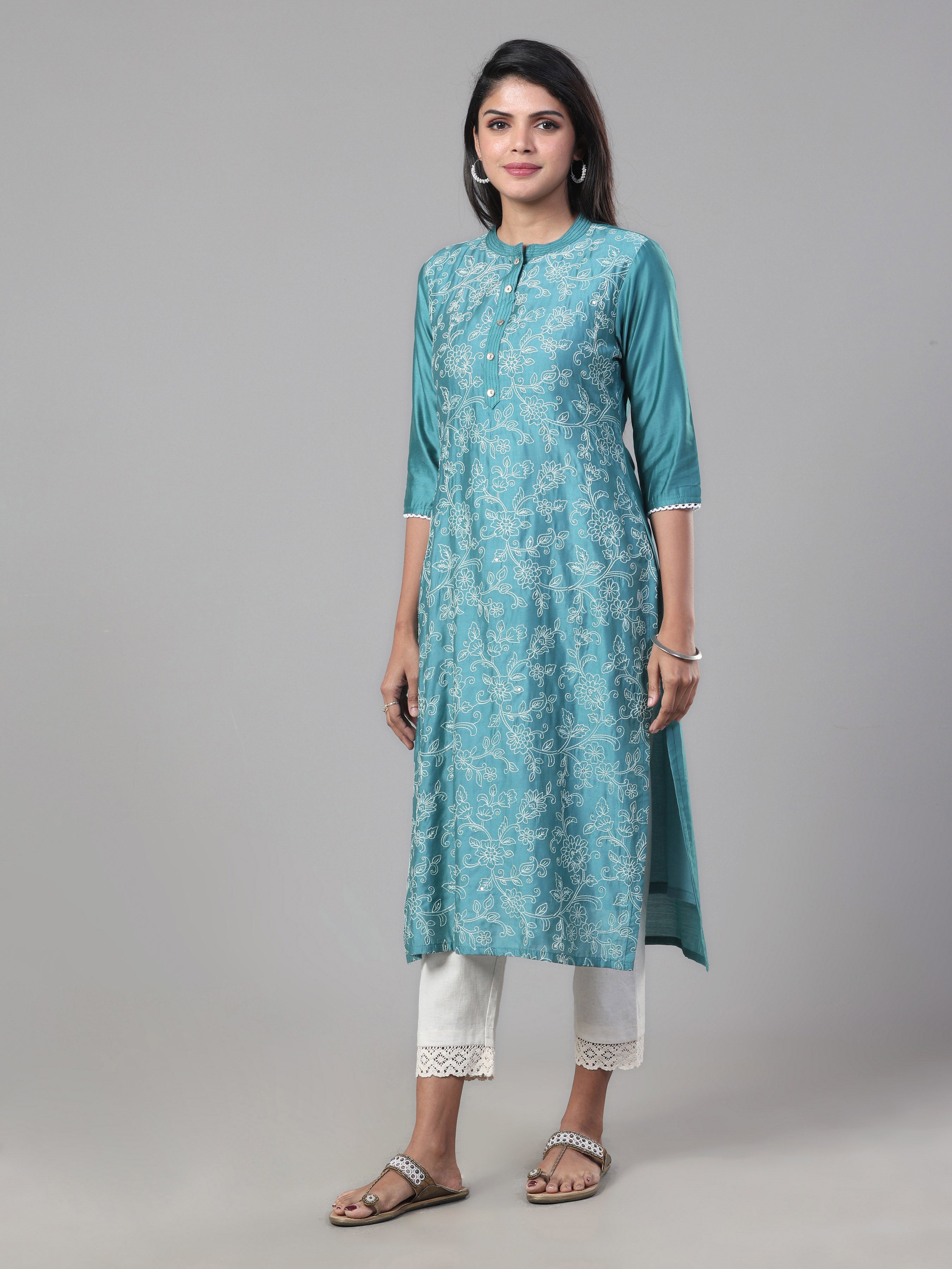 Aqua Blue Poly Viscose Kurti With Embroidery