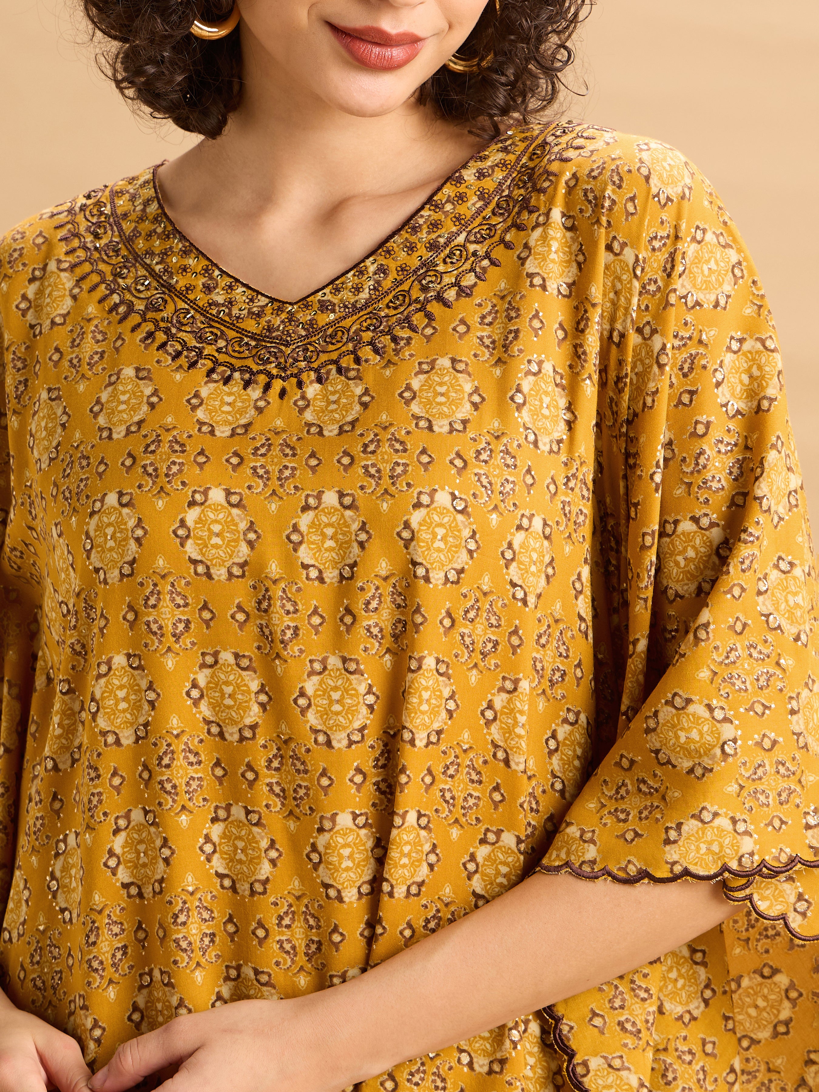 Women Wearing Mustard Yellow Viscose Printed Kaftan Set With Hand Work Embroidery