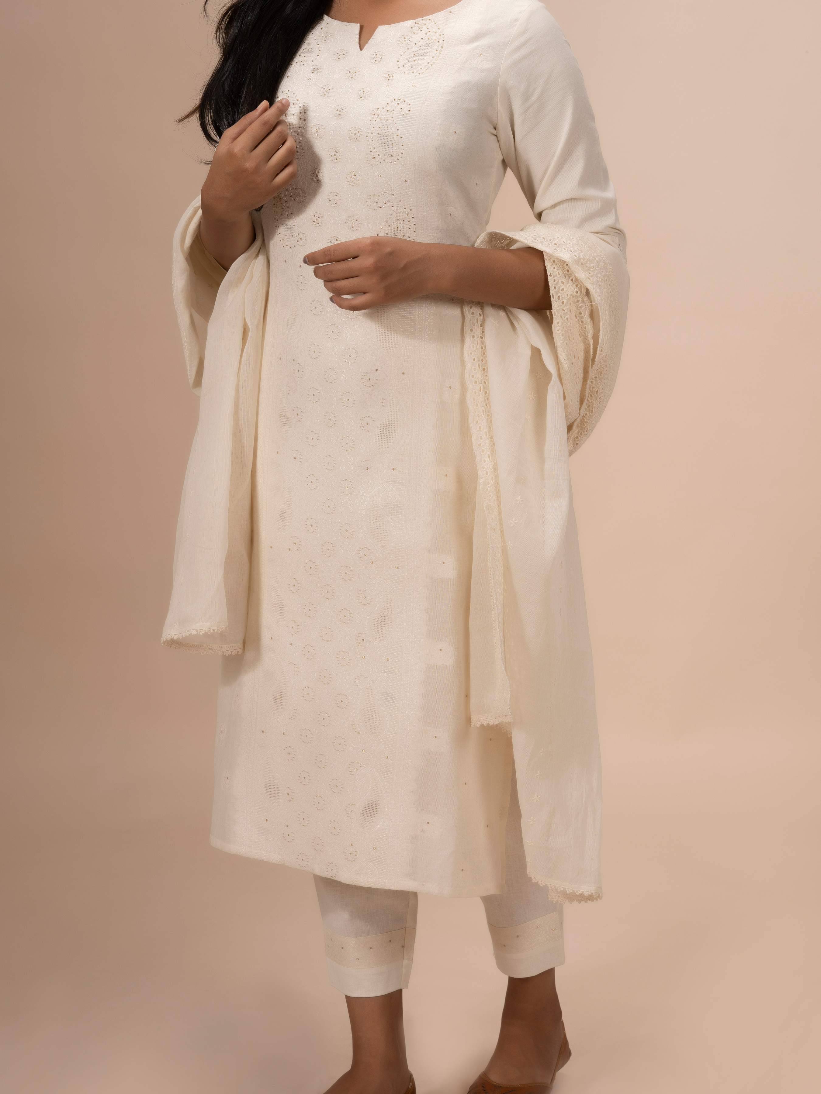 Off White Pure Cotton Kurti With Embroidery