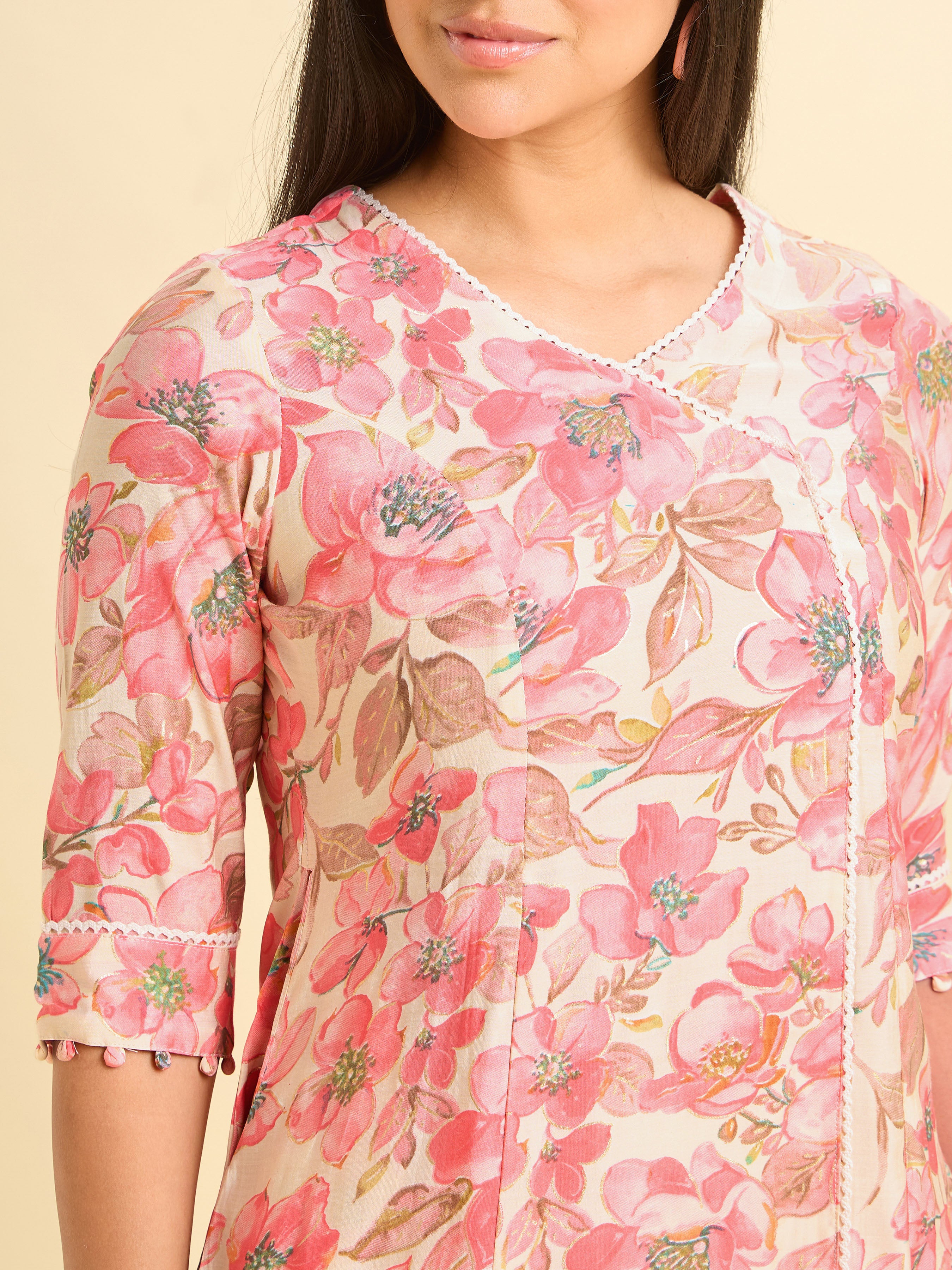 Ivory Printed Modal Chanderi Kurti With Lace