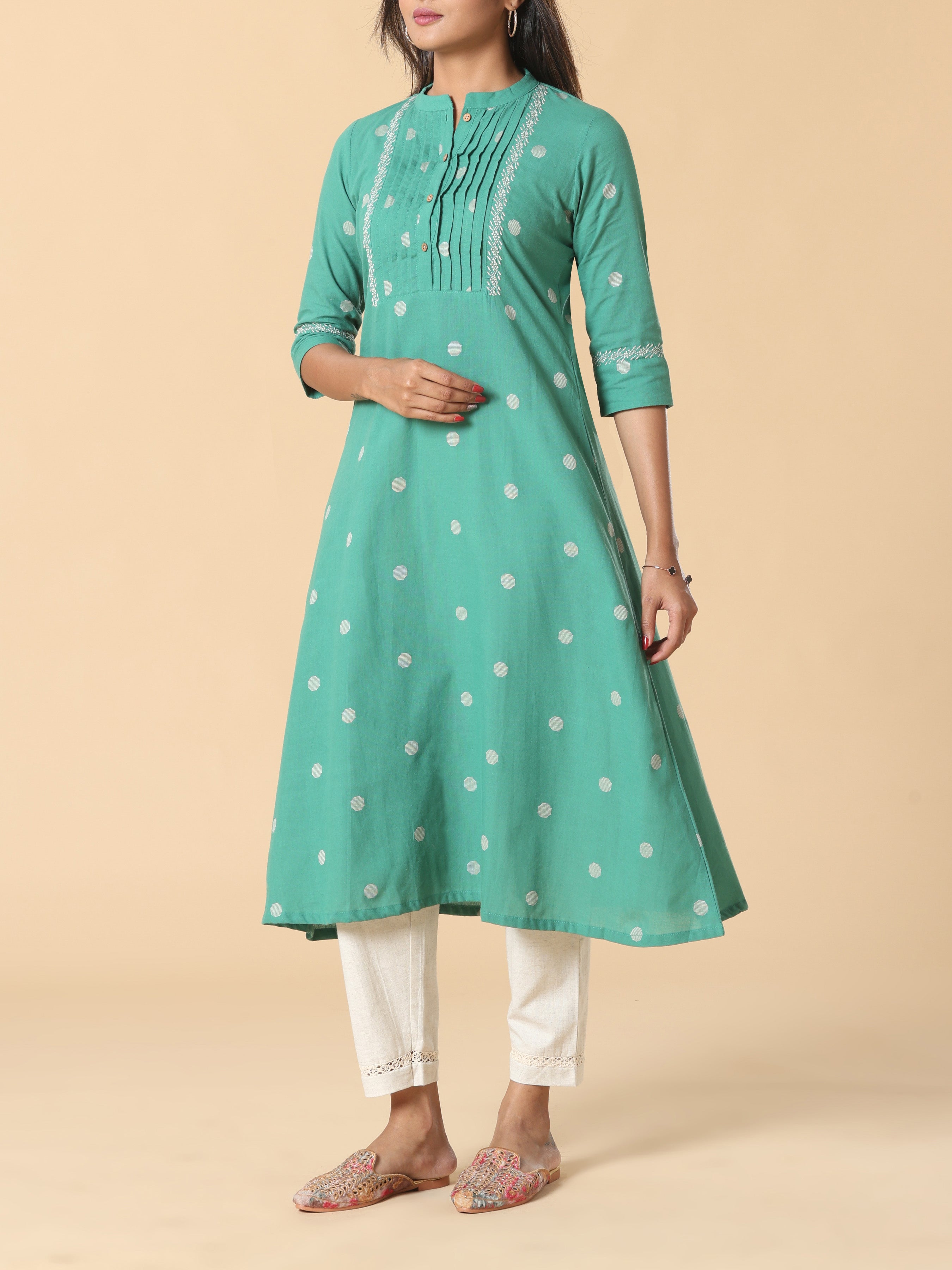 Aqua Green Cotton Dobby Kurti With Embroidery