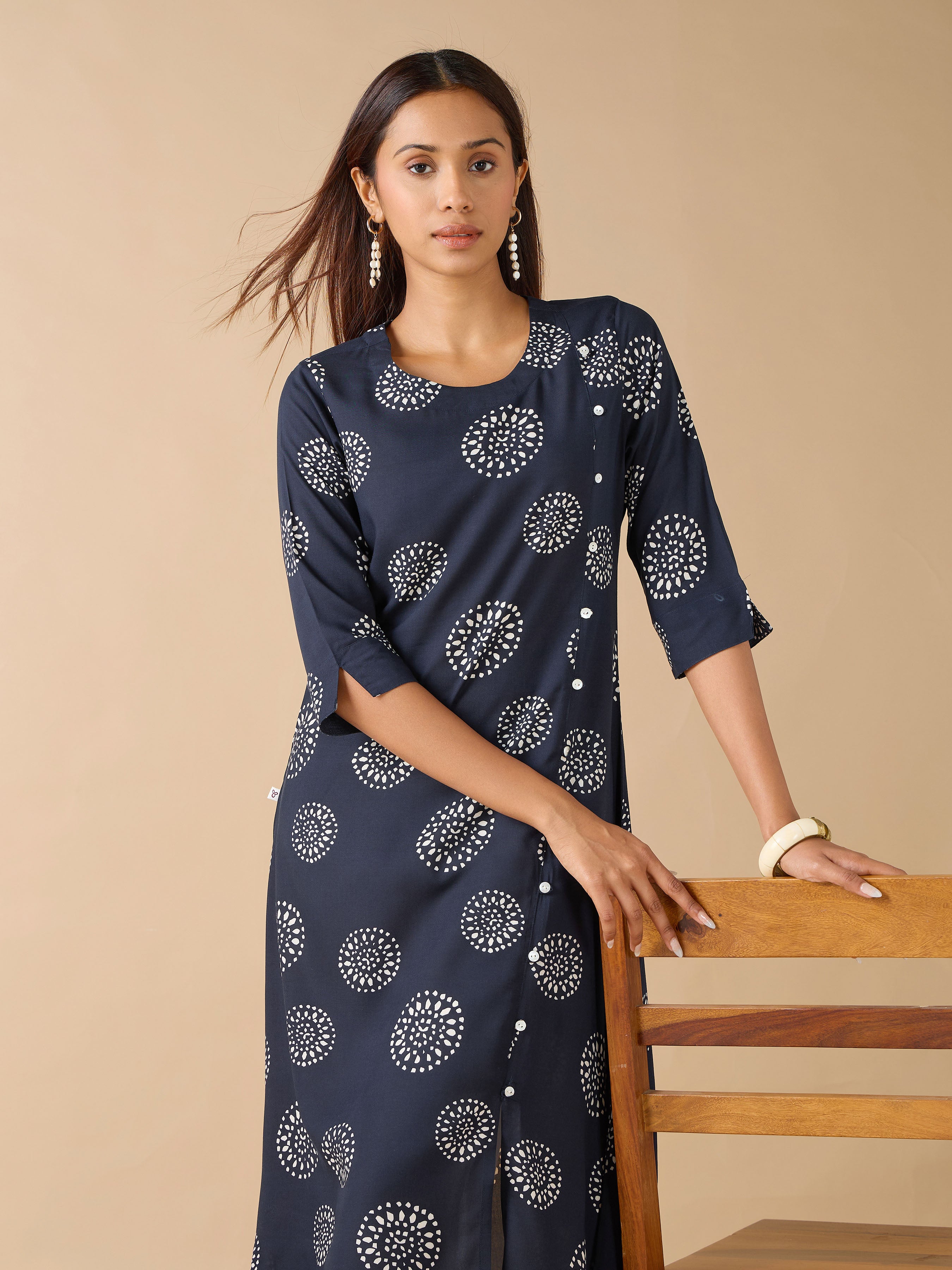 Navy Blue Viscose Print With Side Panel Kurti
