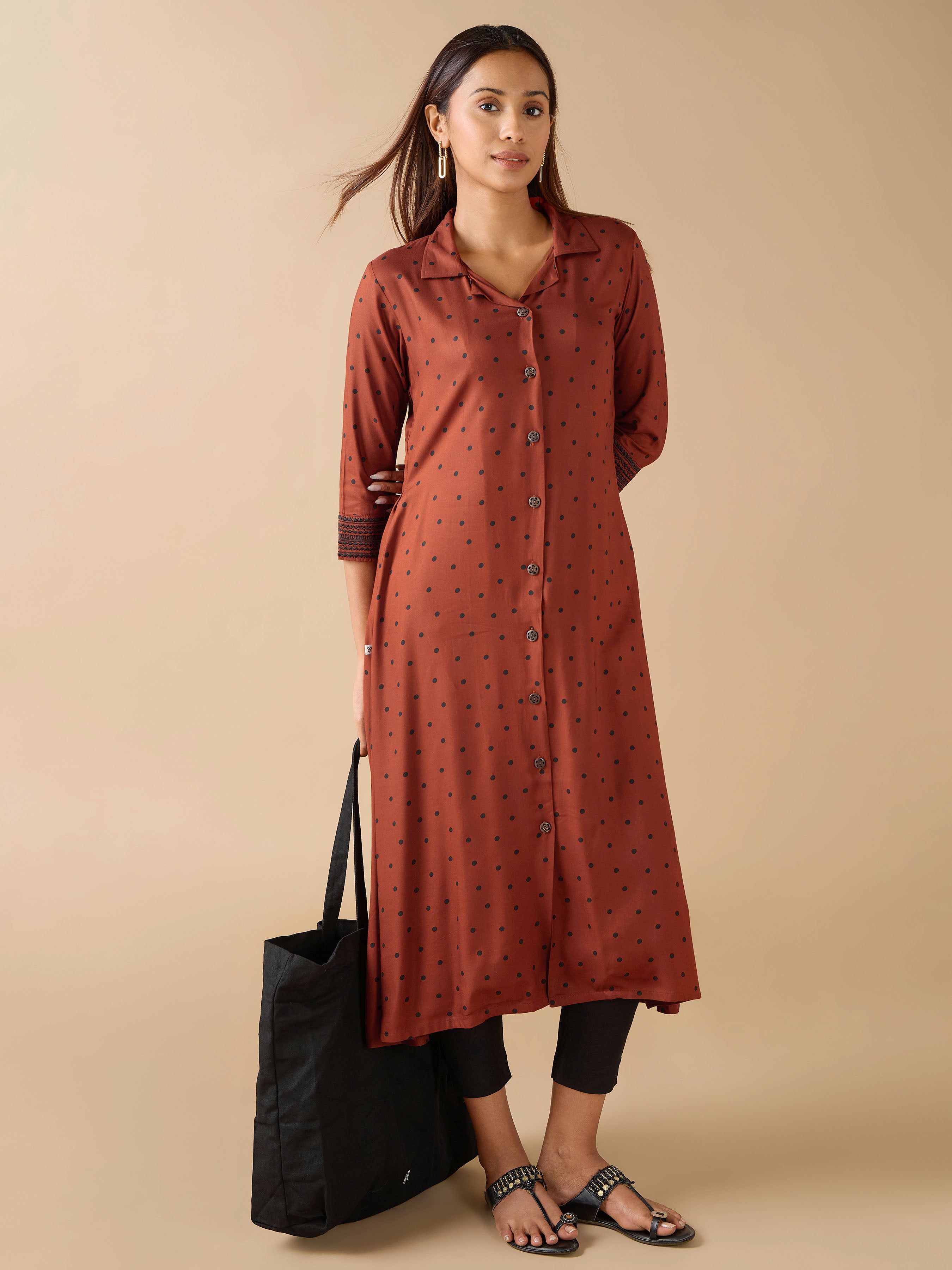Brick red Viscose Printed Kurti With Embroidery