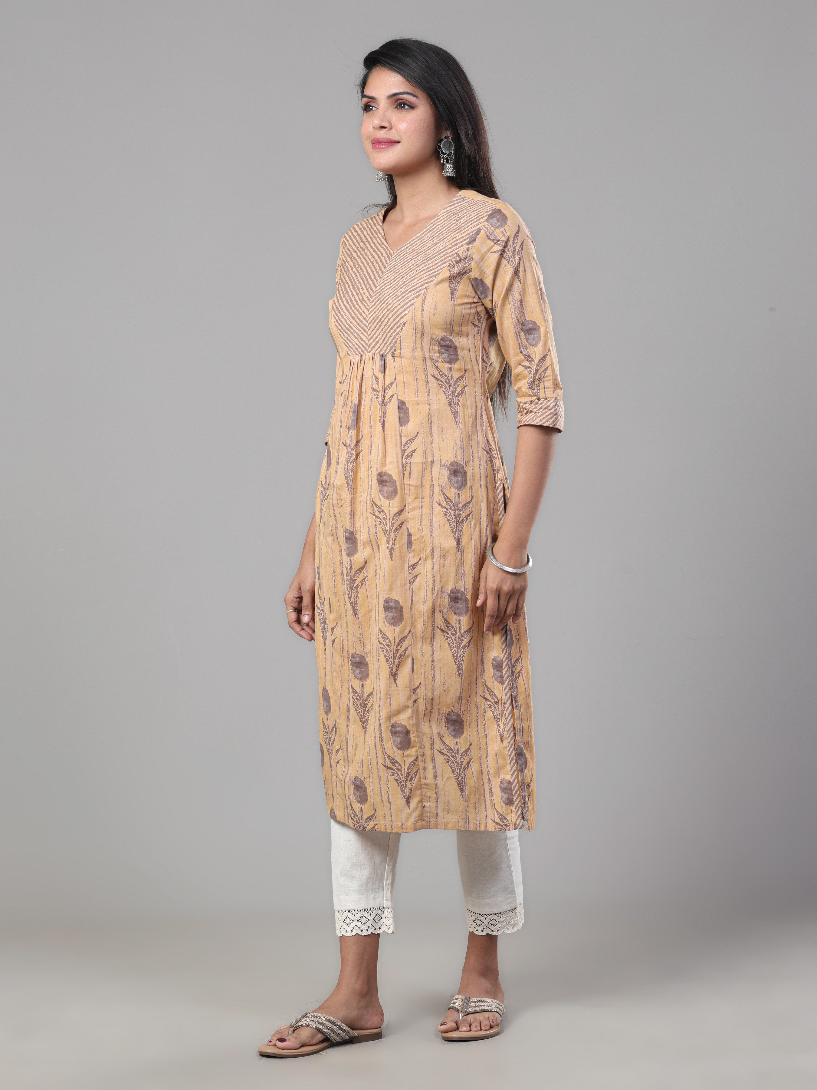 Beige Pure Cotton Printed Kurti With Embroidery