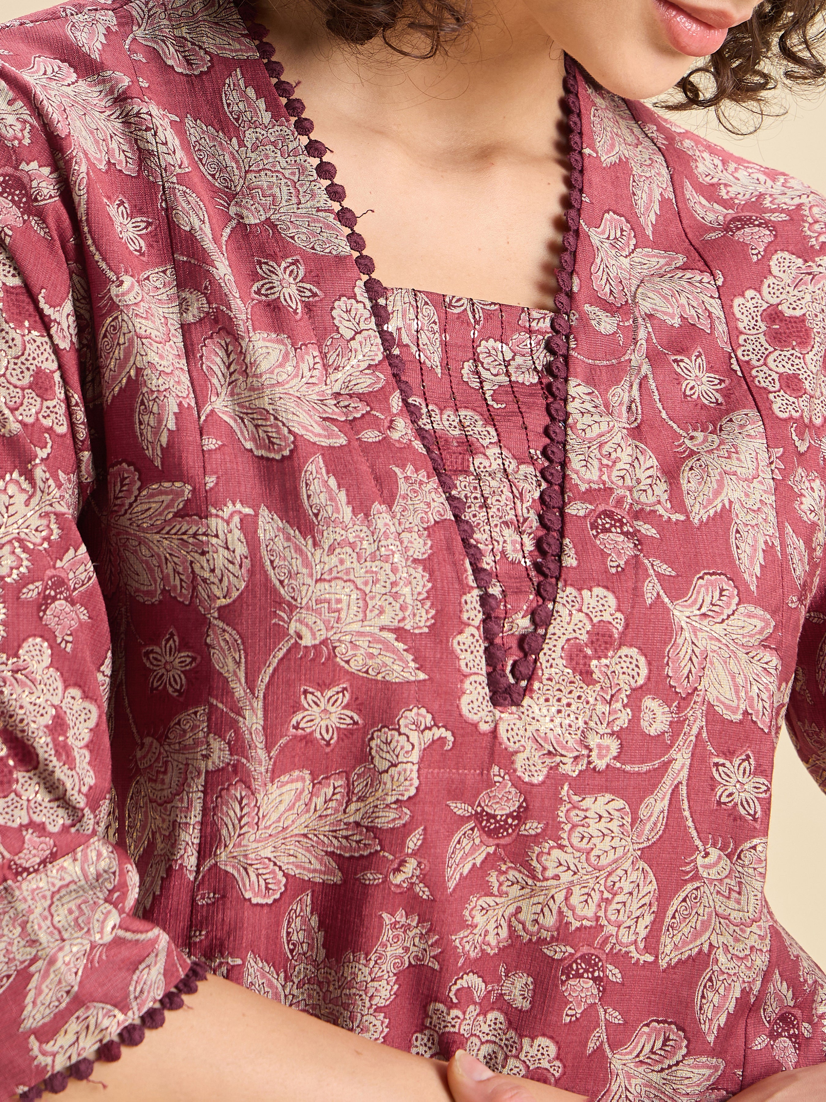 Maroon Multi Viscose Blend Printed Flared Kurti With Lace