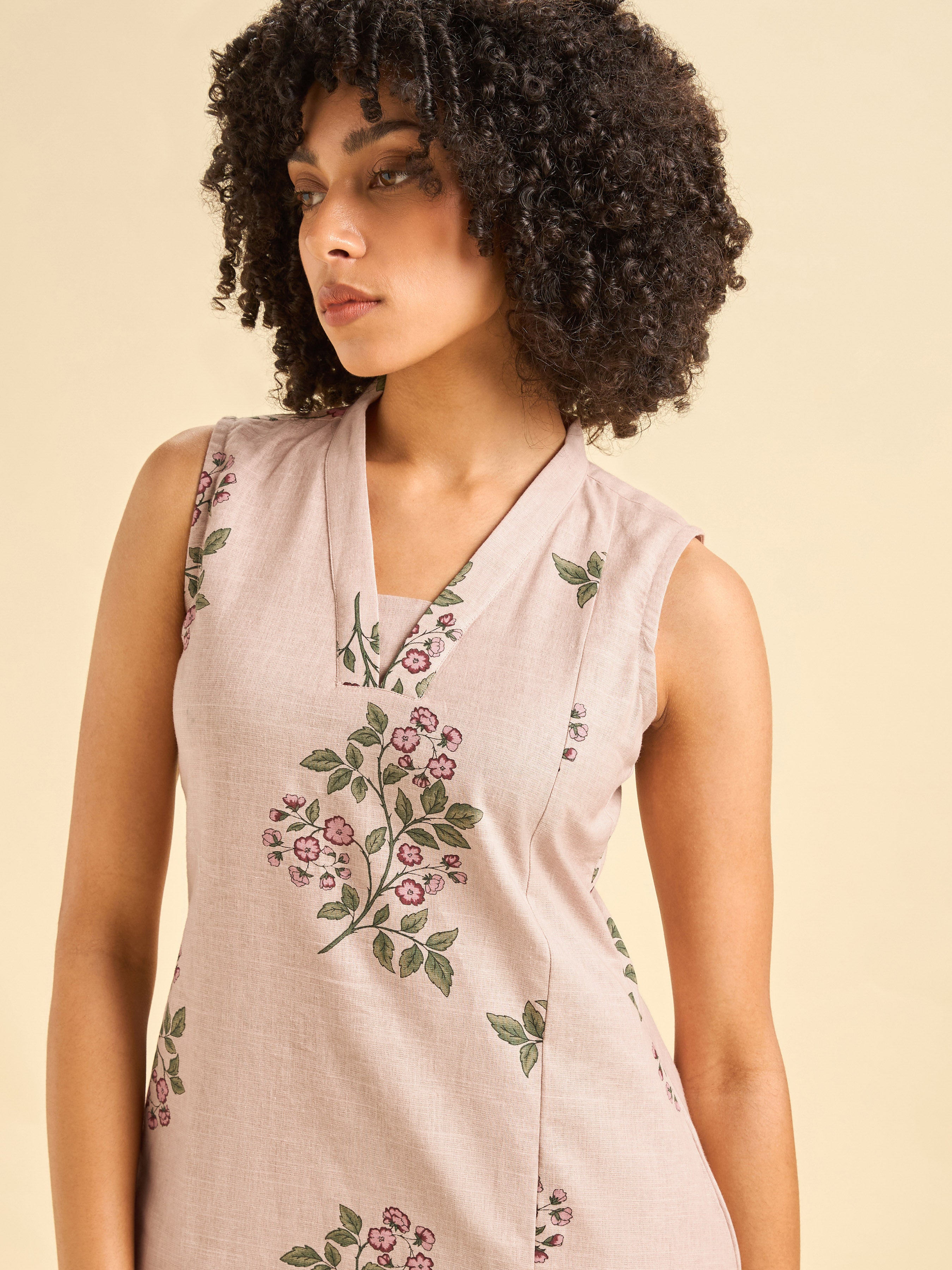 Onion Pink Cotton Flax Slub Sleeveless Kurti Set