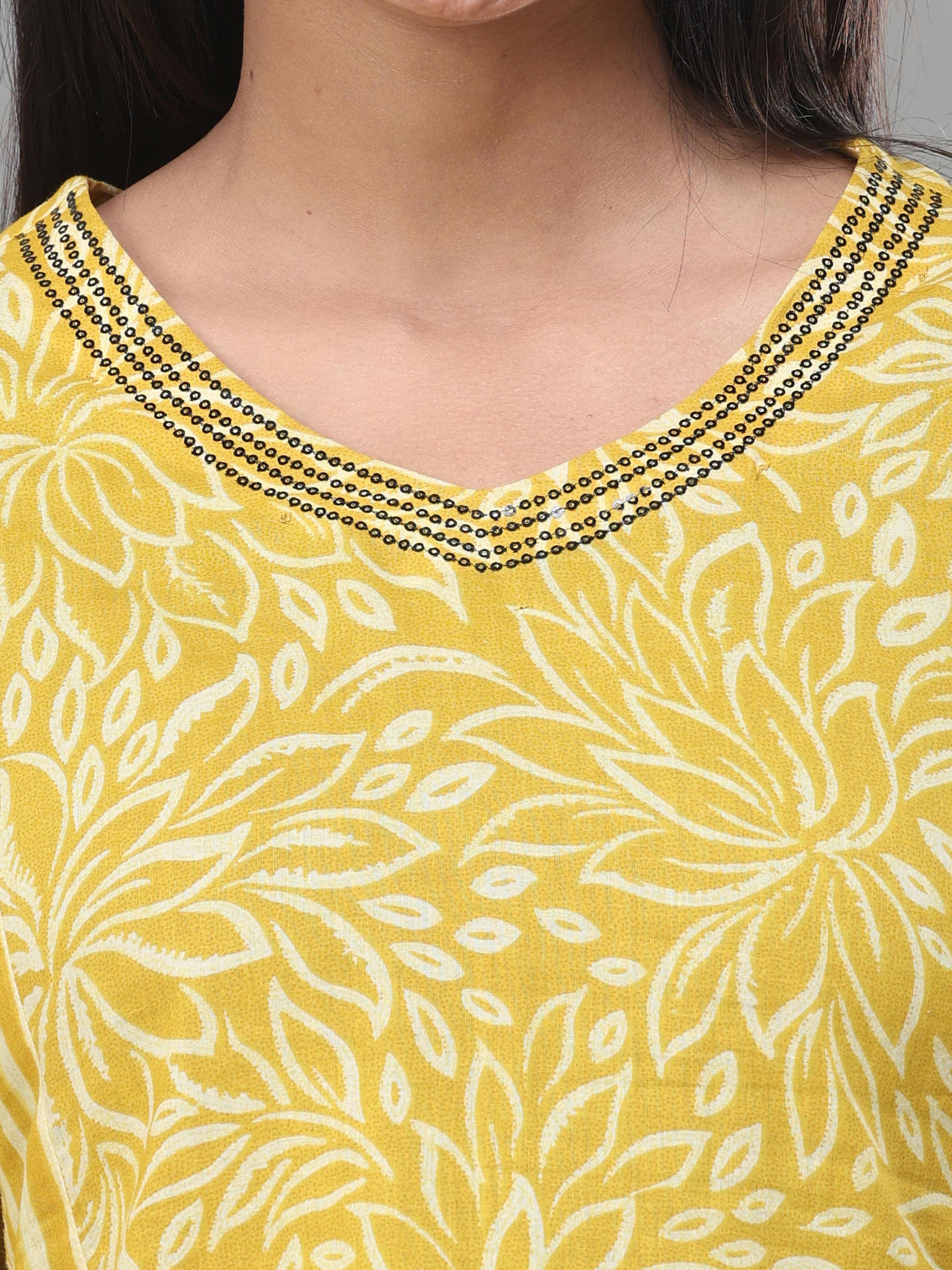 Yellow Pure Cotton Printed Kurti With Sequins Work