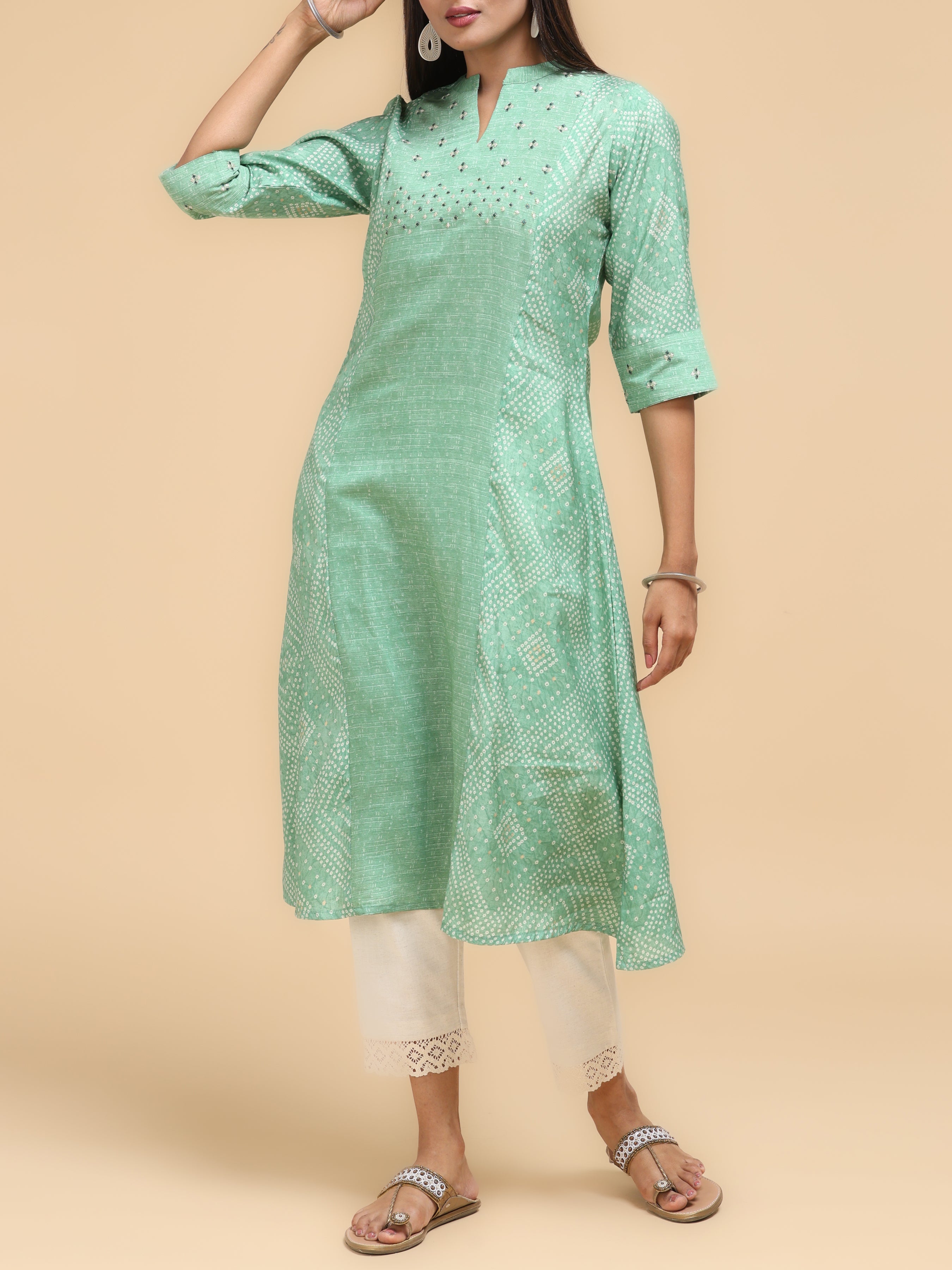 Aqua Green Modal Chanderi Kurti With Print