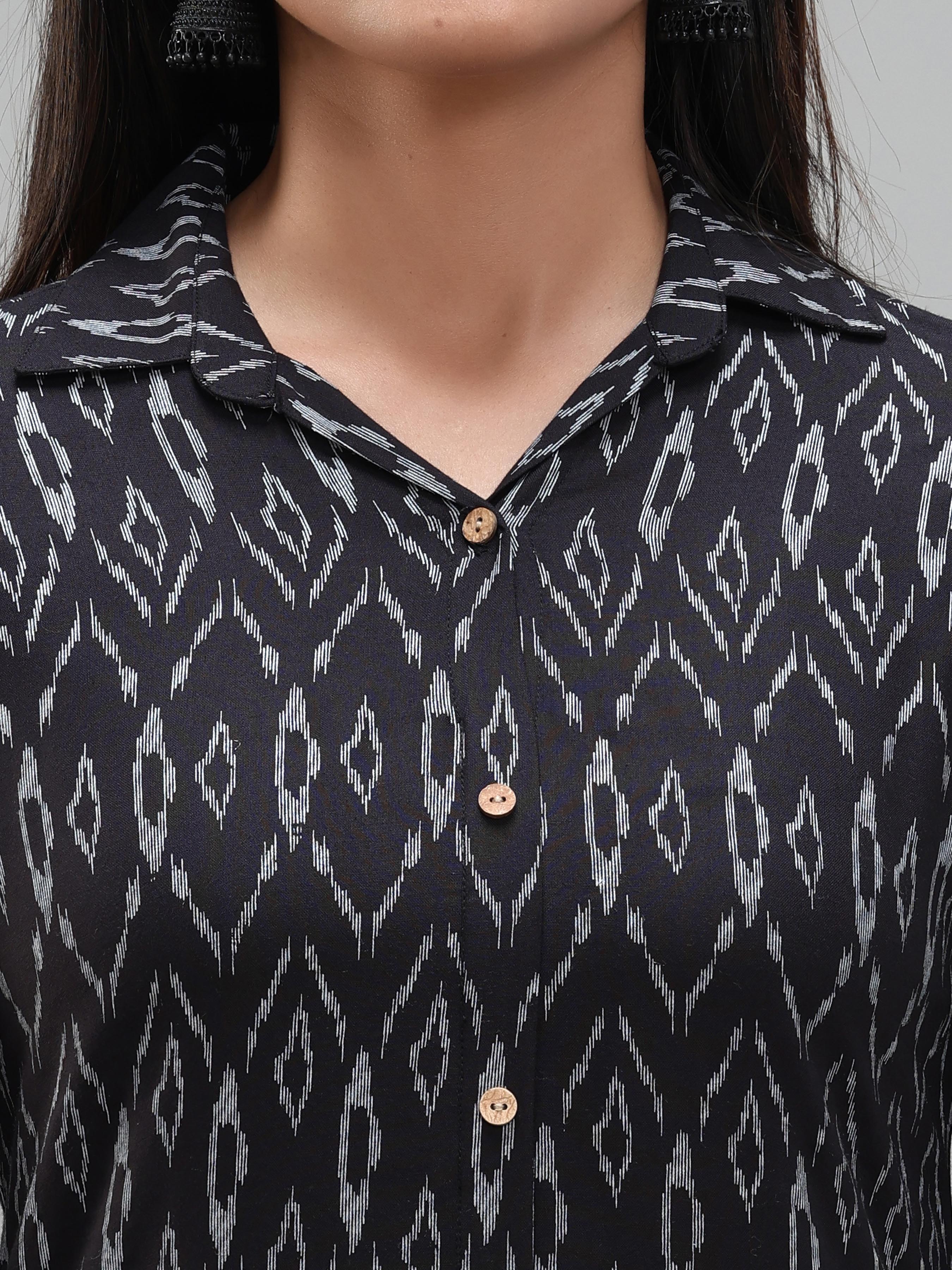 Black Viscose Printed Kurti With Button Placket