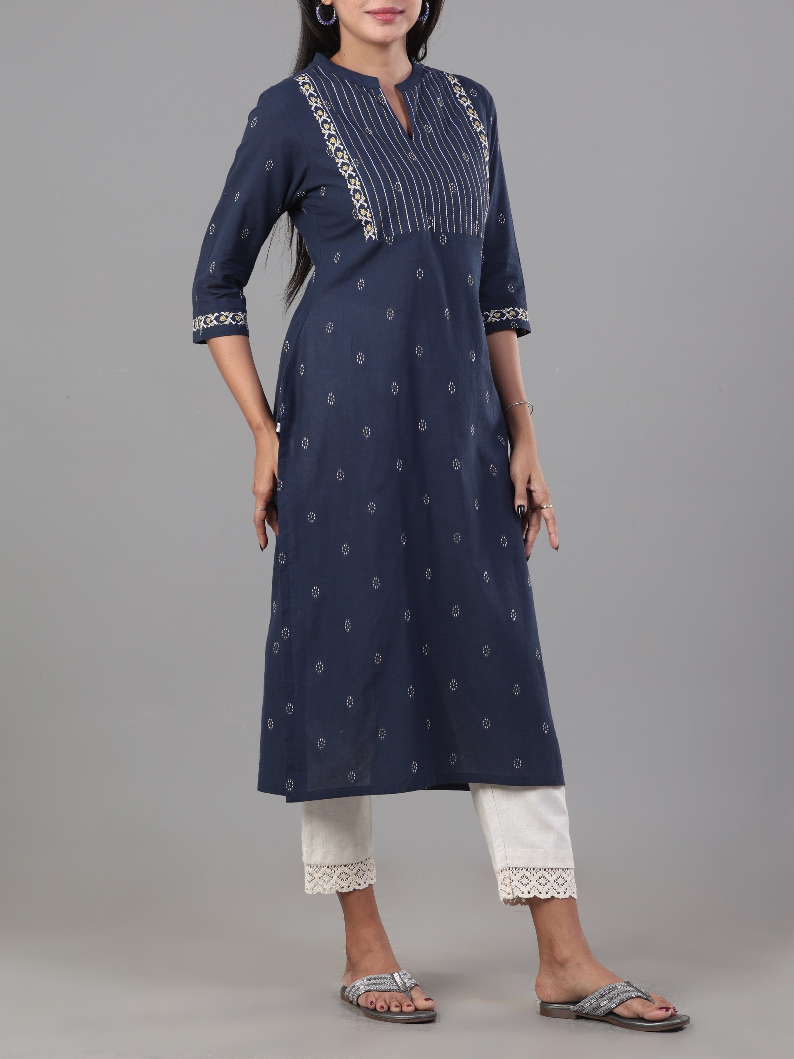 Navy Blue Cotton Dobby Kurti With Embroidery