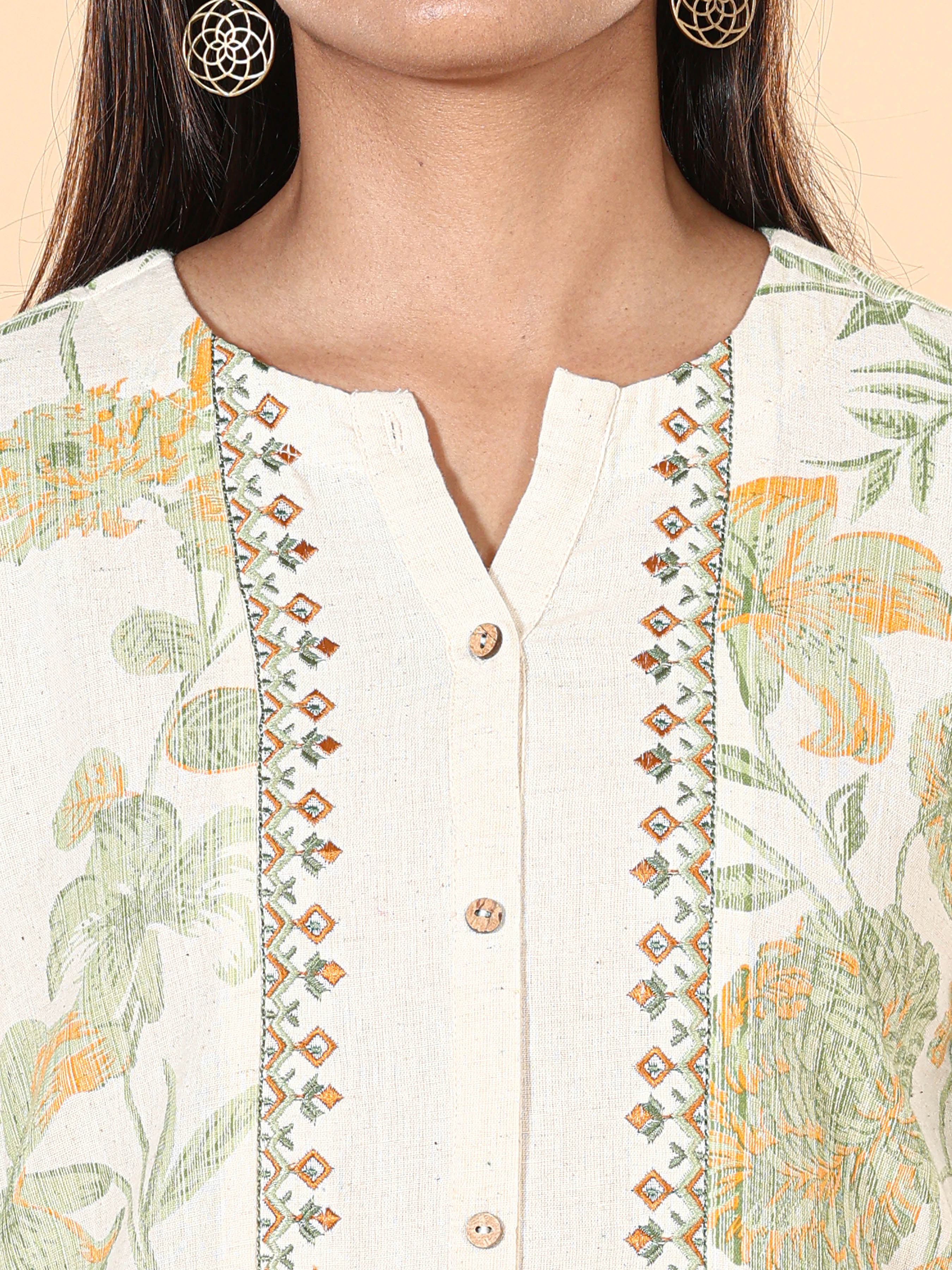 Multi Colour Cotton Flax Printed Kurti With Embroidery