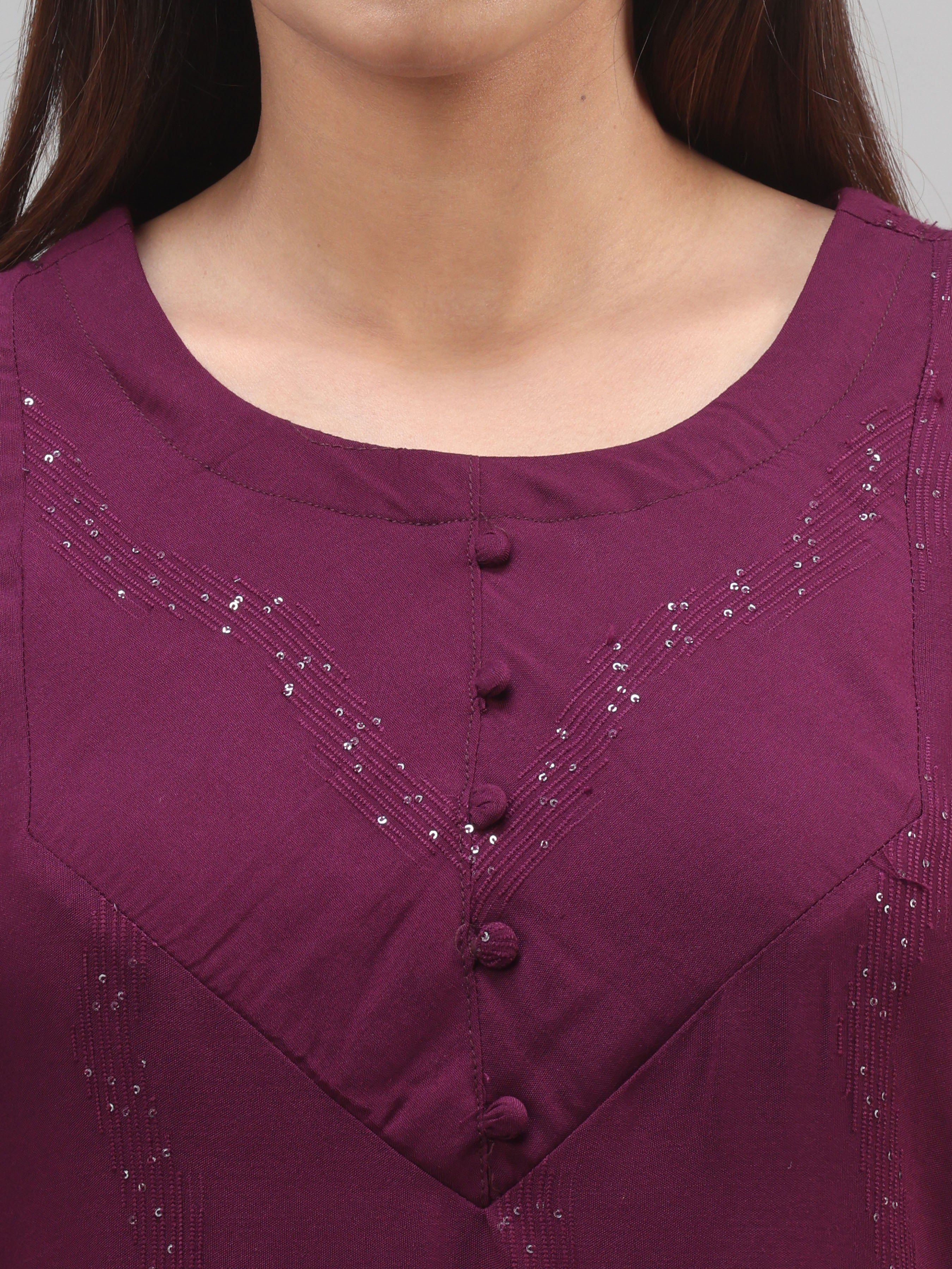 Wine-Red Viscose Dobby Plain Kurti With Sequins Work