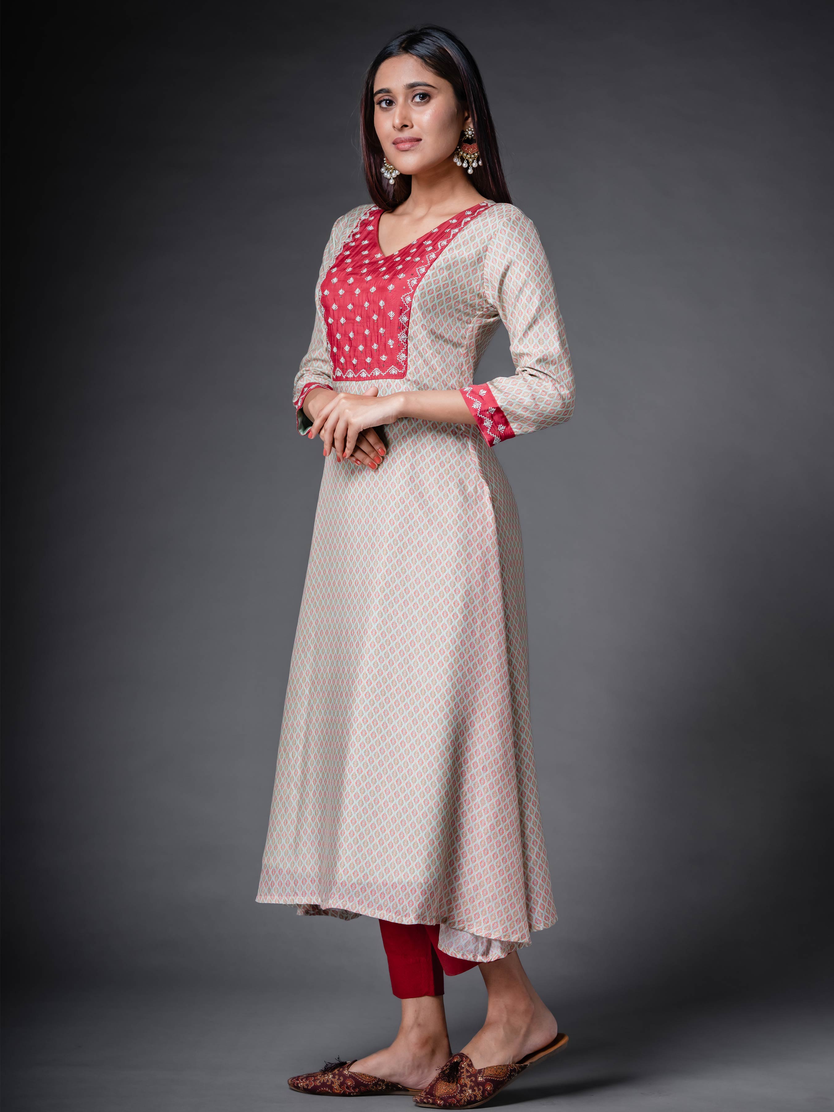 Beige Muslin Silk Kurti With Print And Hand Work