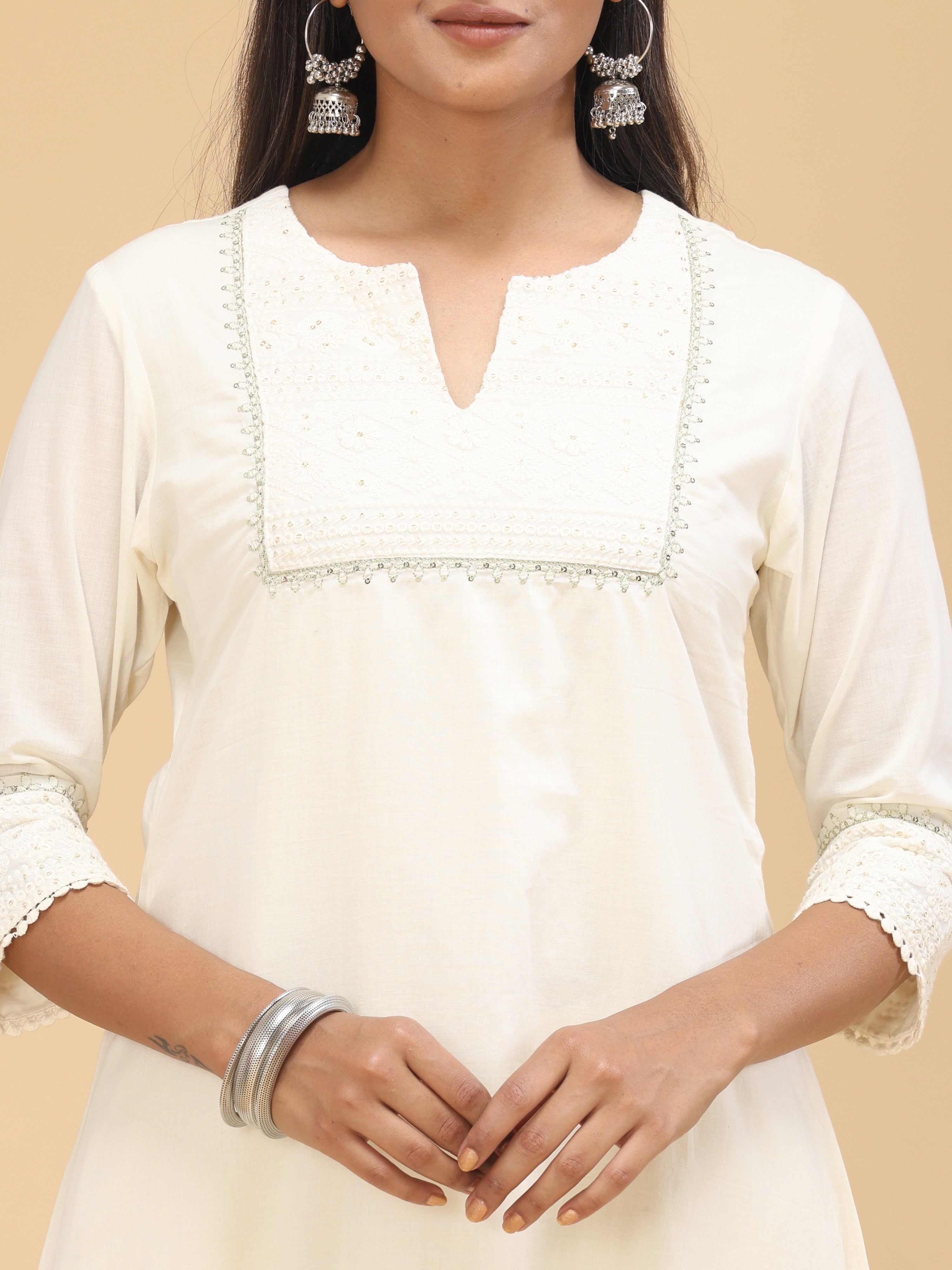 Off-White Cotton Kurti With Embroidery And Sequins Work