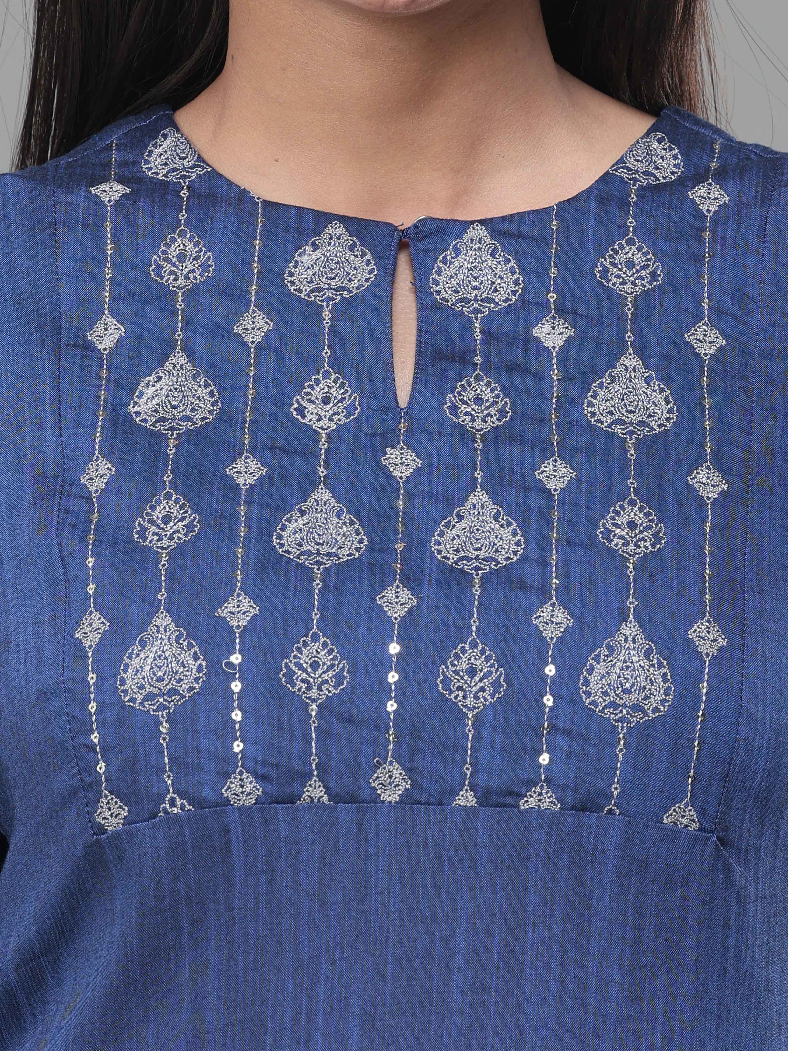 Royal Blue Viscose Slub Kurti With Embroidery
