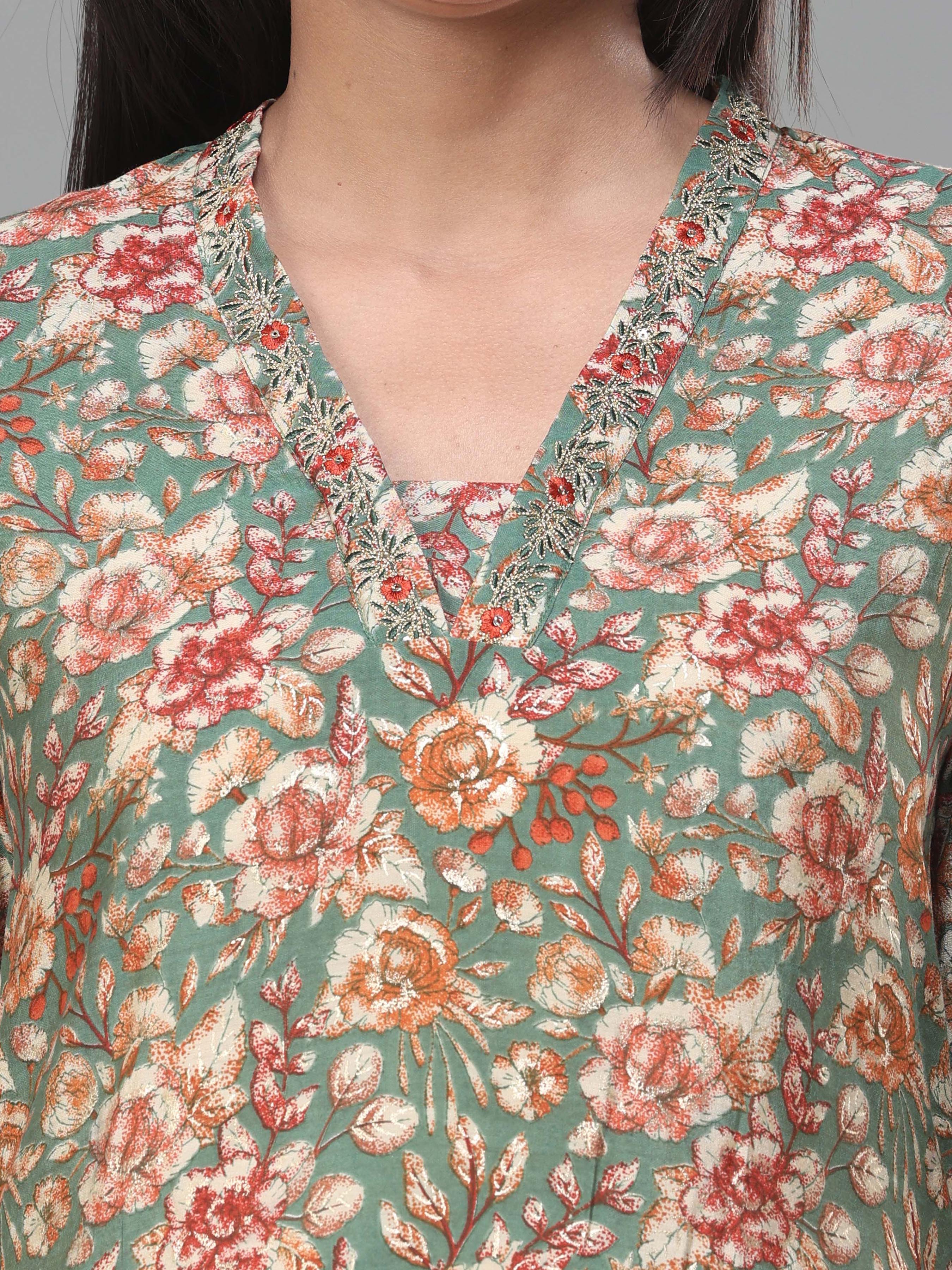 Multi Colour Modal Chanderi Printed Kurti With Embroidery