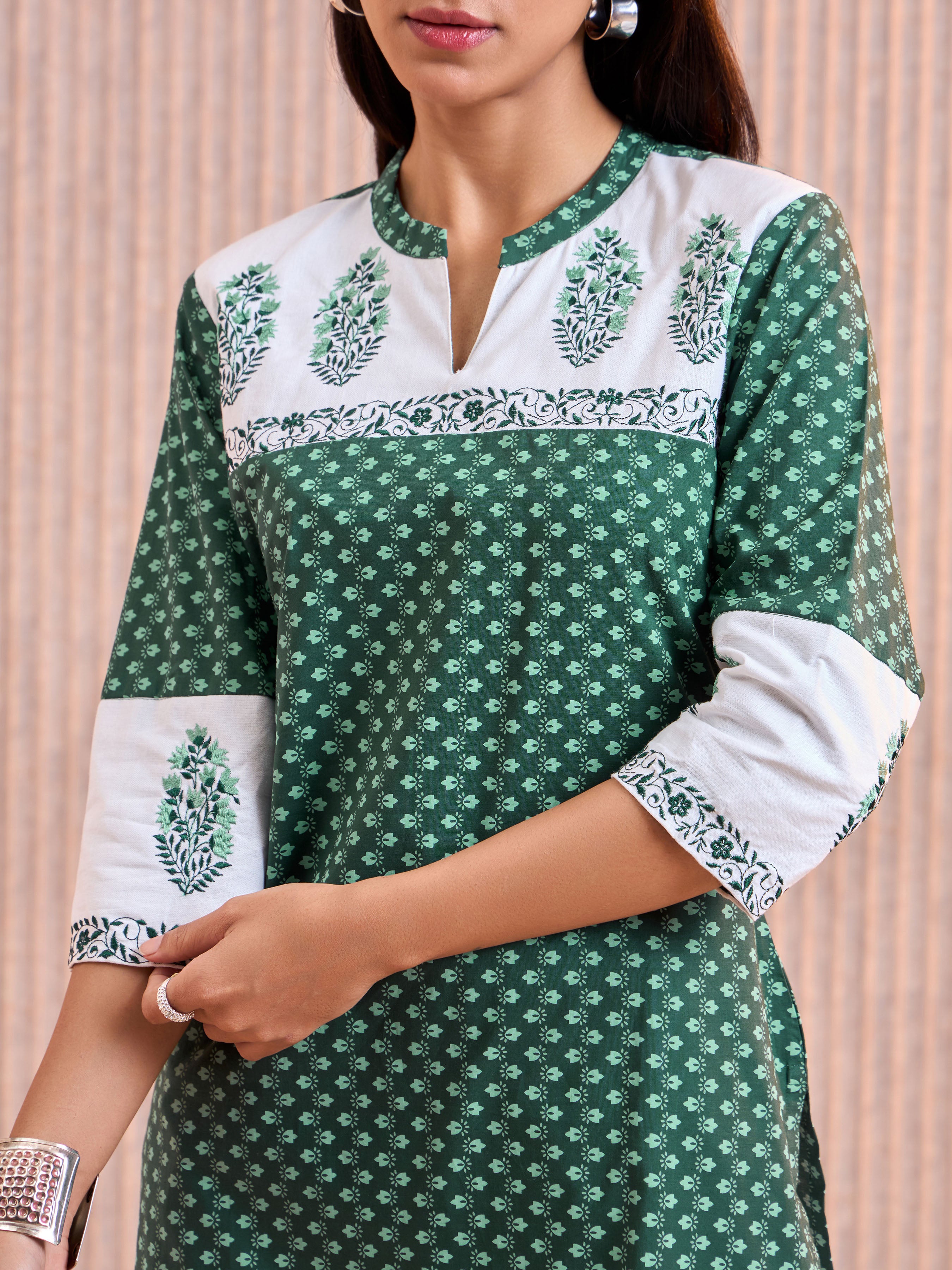 Green And White Pure Cotton Printed Kurti With Embroidery