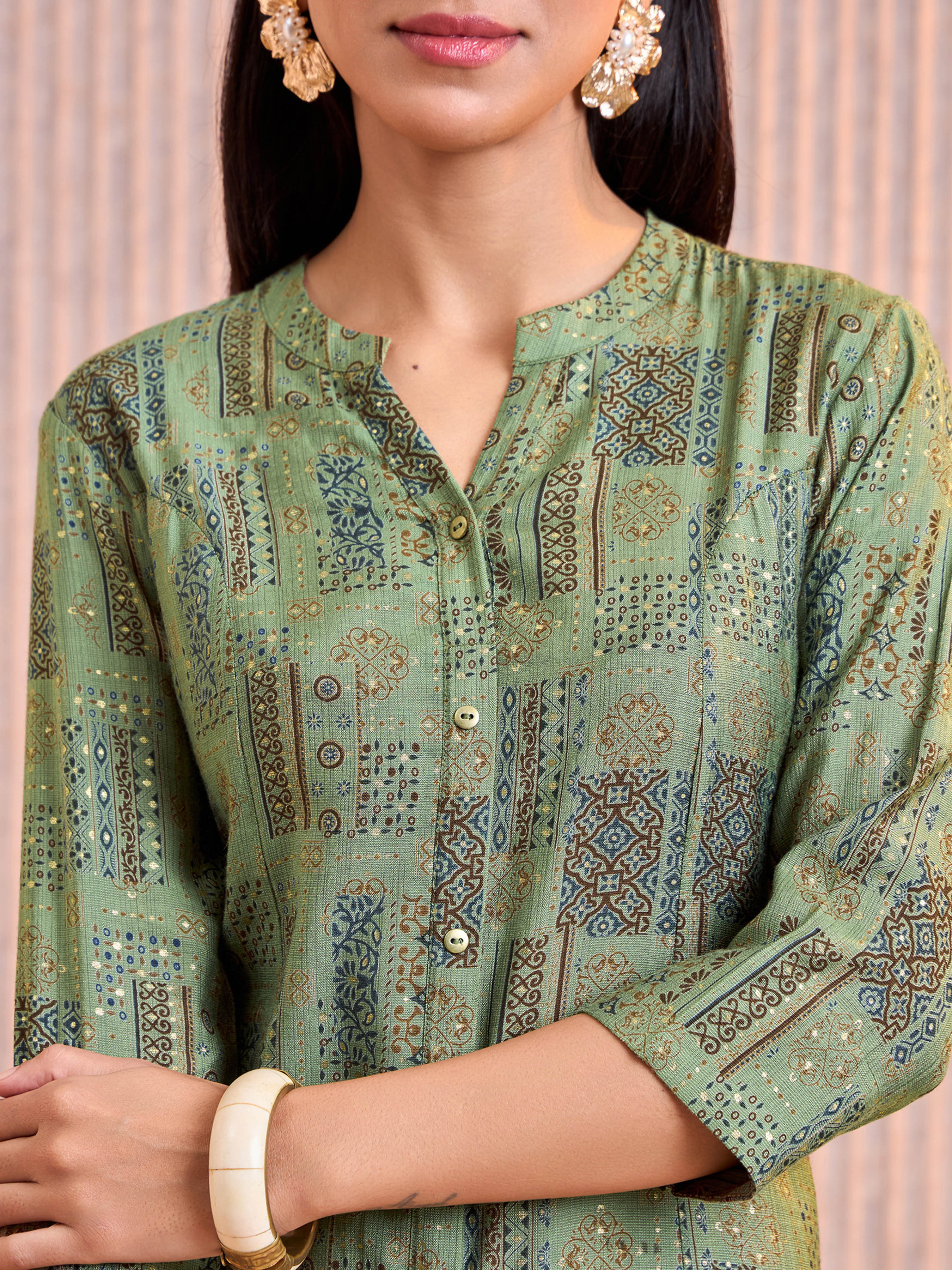 Green Viscose Blend Printed Kurti