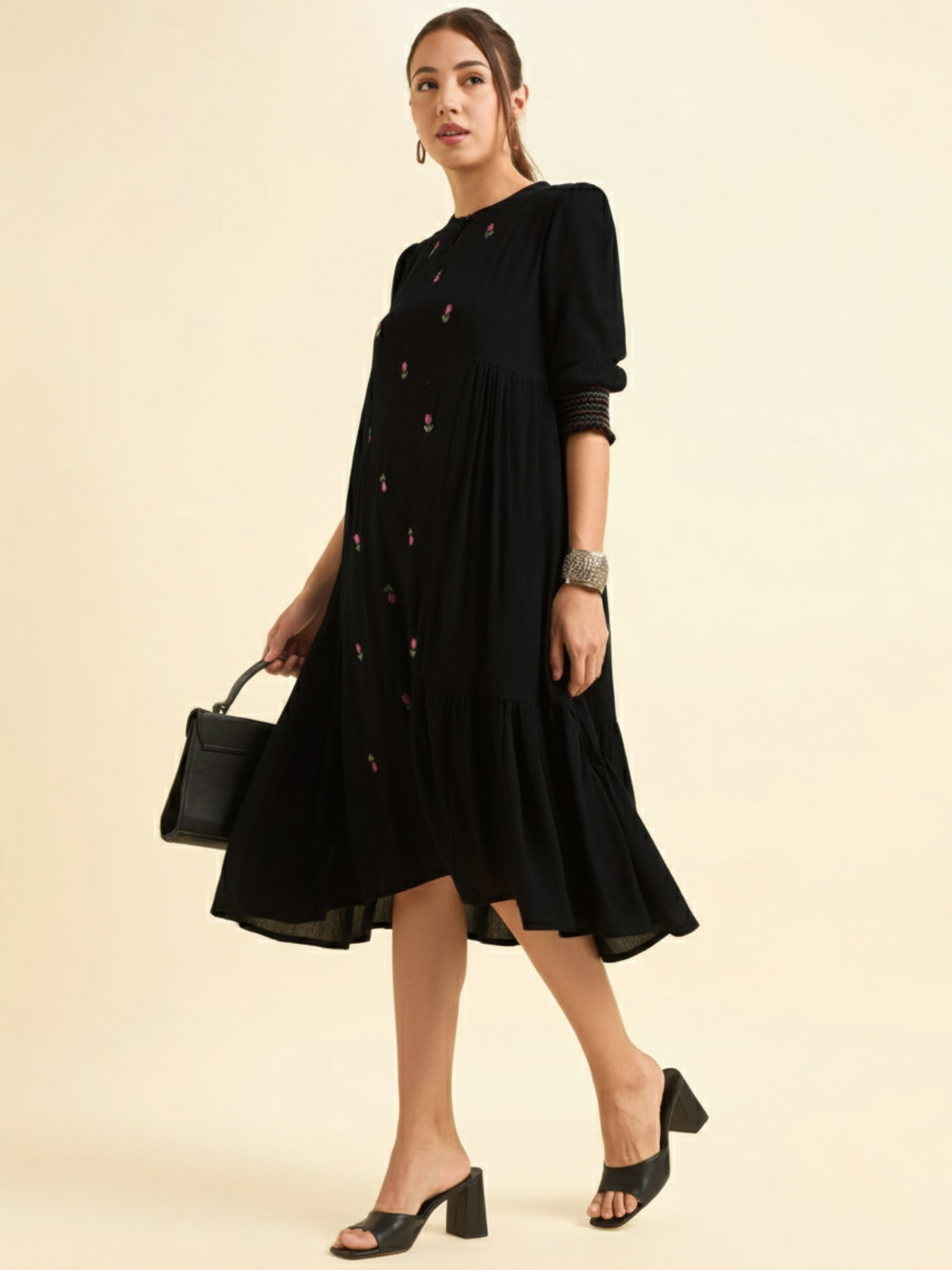 Black Wrinkle Viscose Flared Plain Kurti With Embroidery