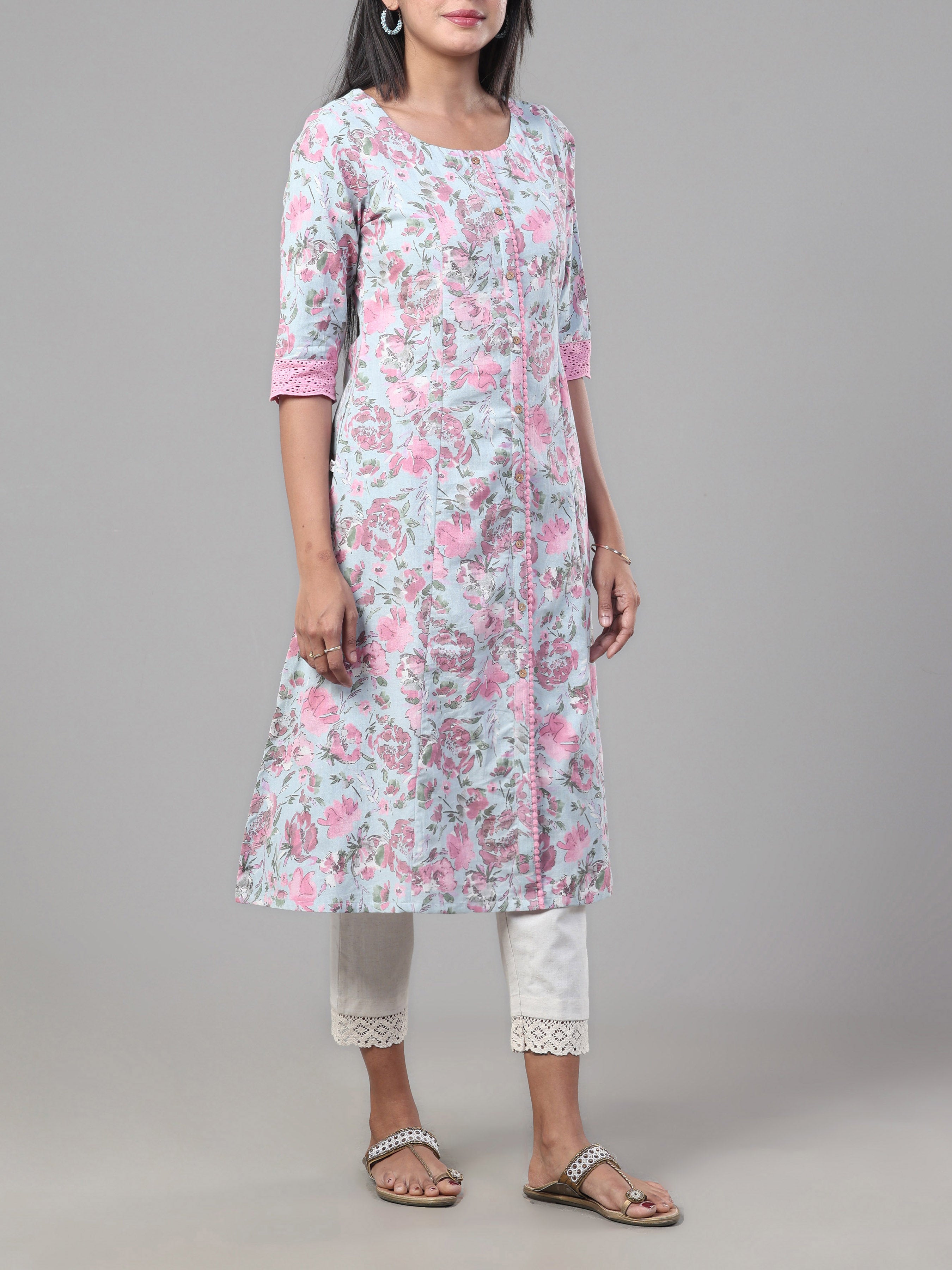 Pink And Blue Cotton Flax Printed Kurti