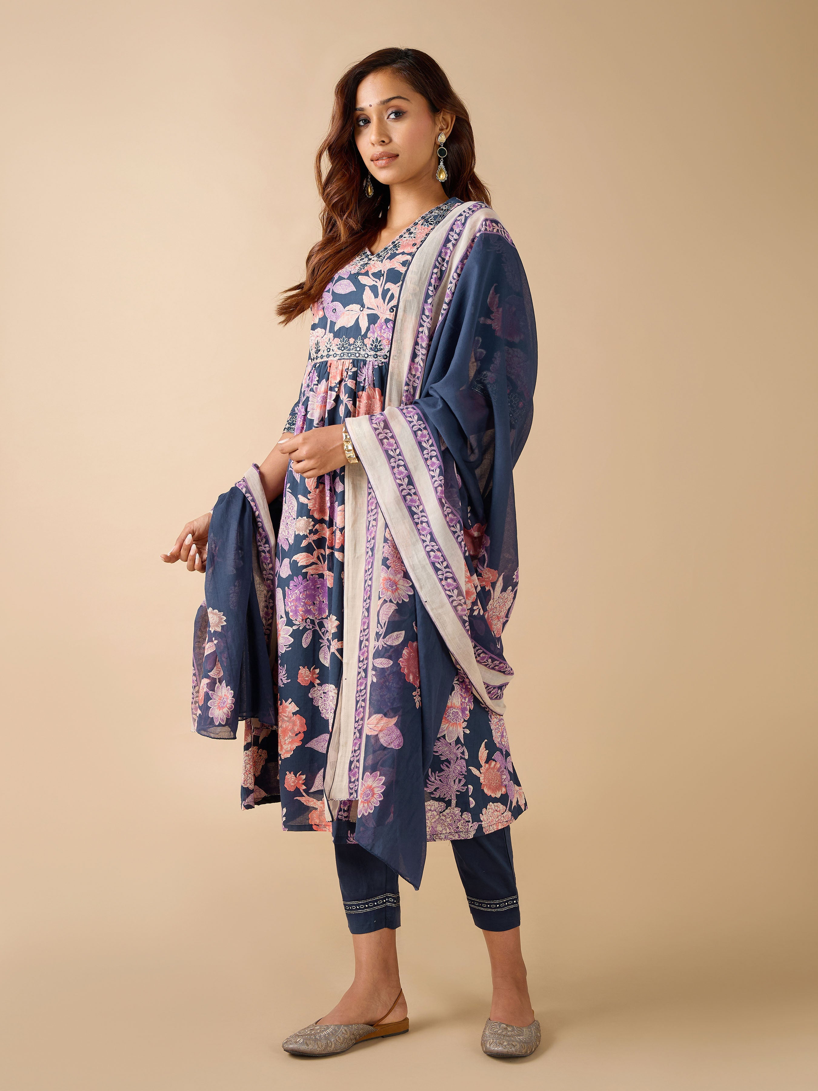 Navy Blue Pure Cotton Floral Printed Kurti Set & Dupatta With Mirror Work
