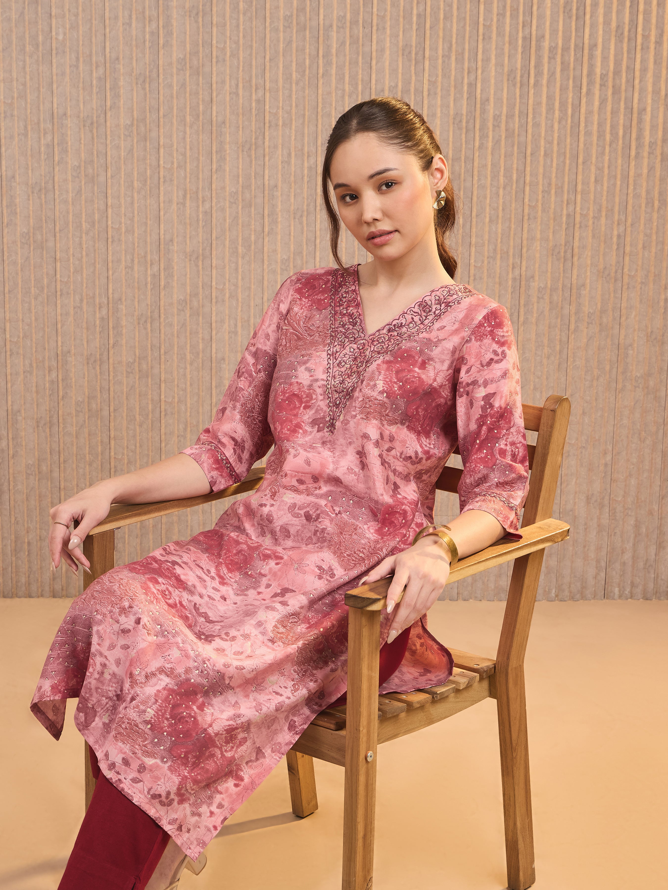 Pink Modal Chanderi Foil Printed Kurti With Sequins Work