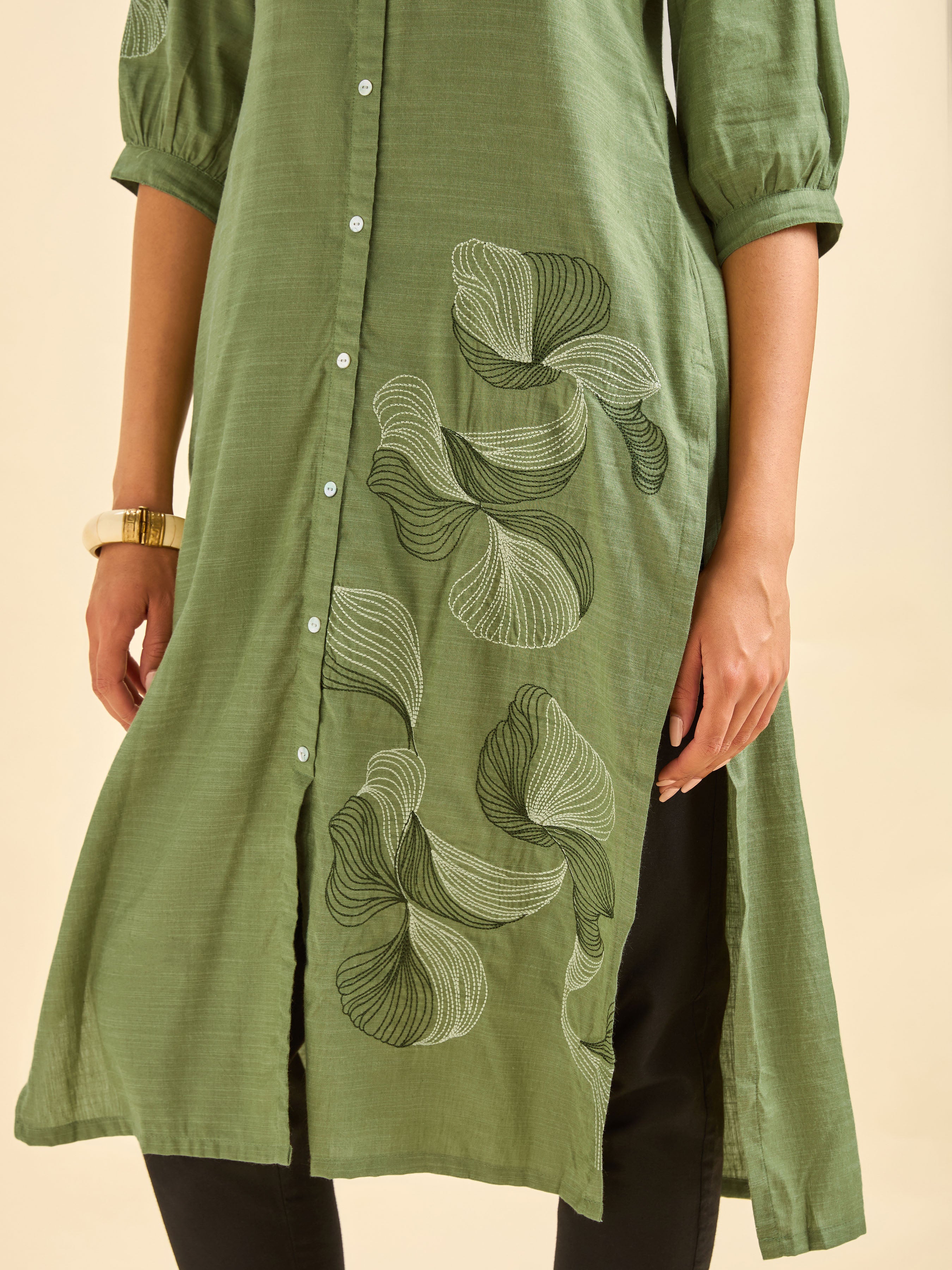 Mint Green Cotton Viscose Kurti With Embroidery