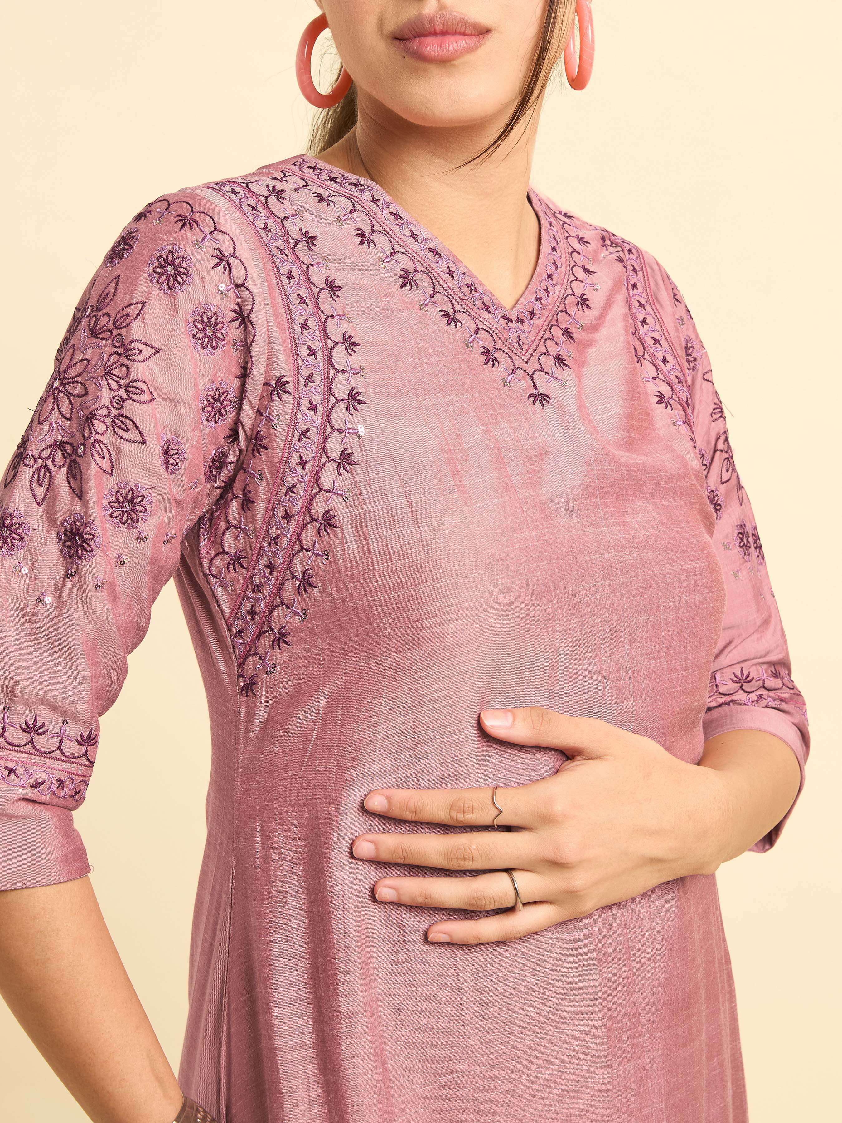 Onion Pink Viscose Blend Plain Flared Kurti Set With Embroidery And Sequins Work