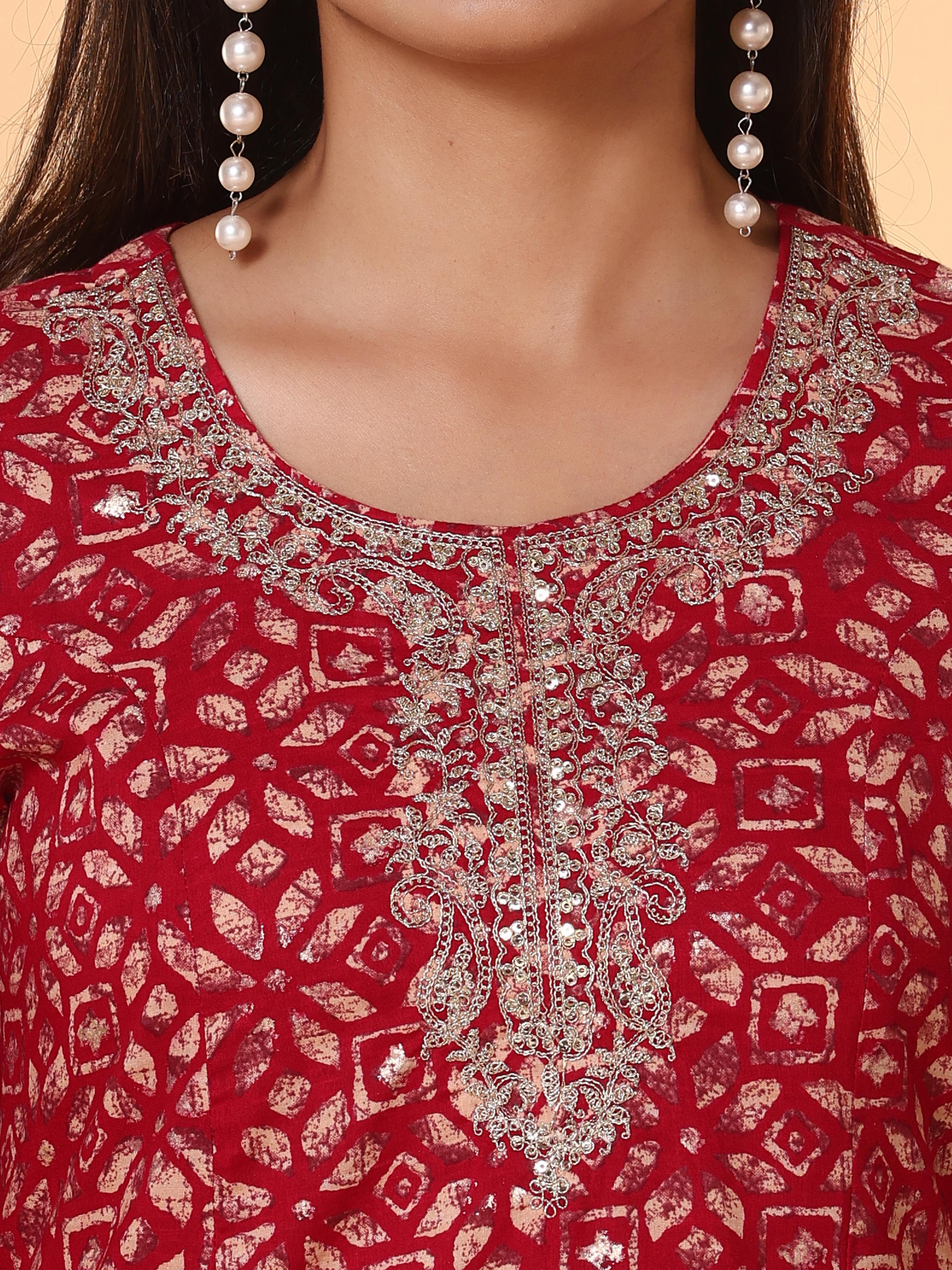 Pink Pure Cotton Printed Kurti With Embroidery