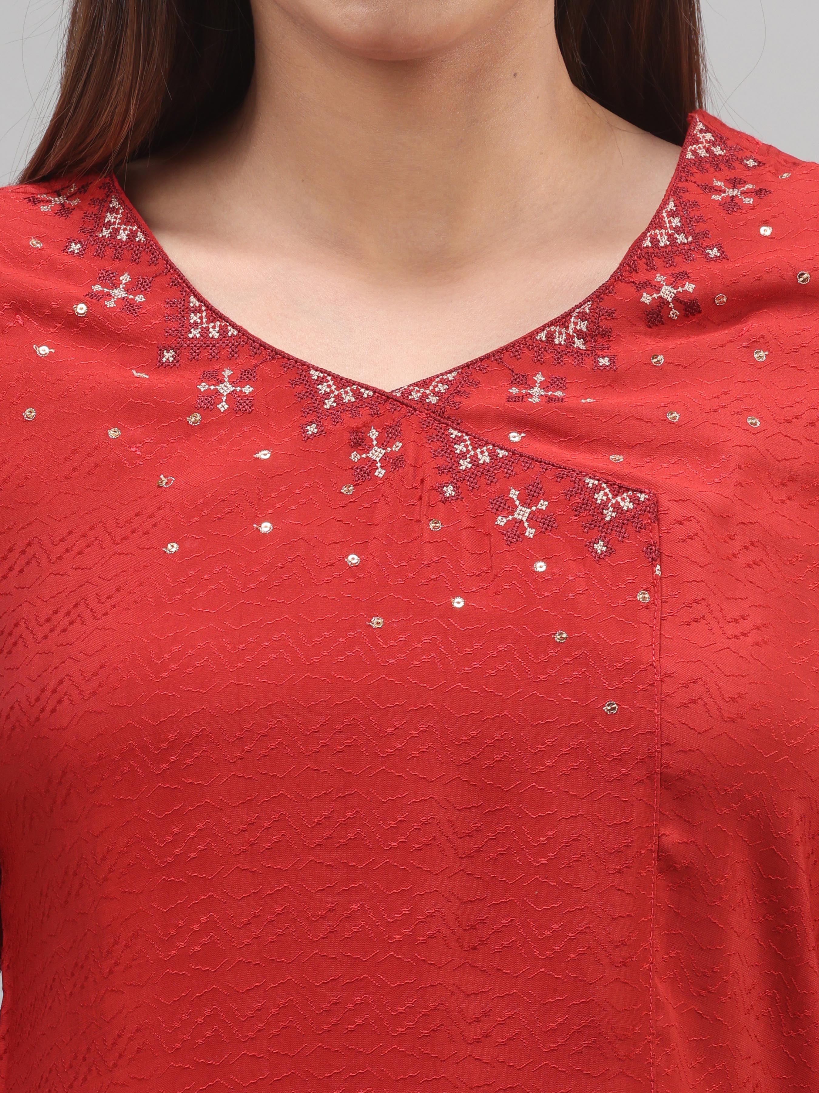 Red Viscose Plain Kurti With Embroidery