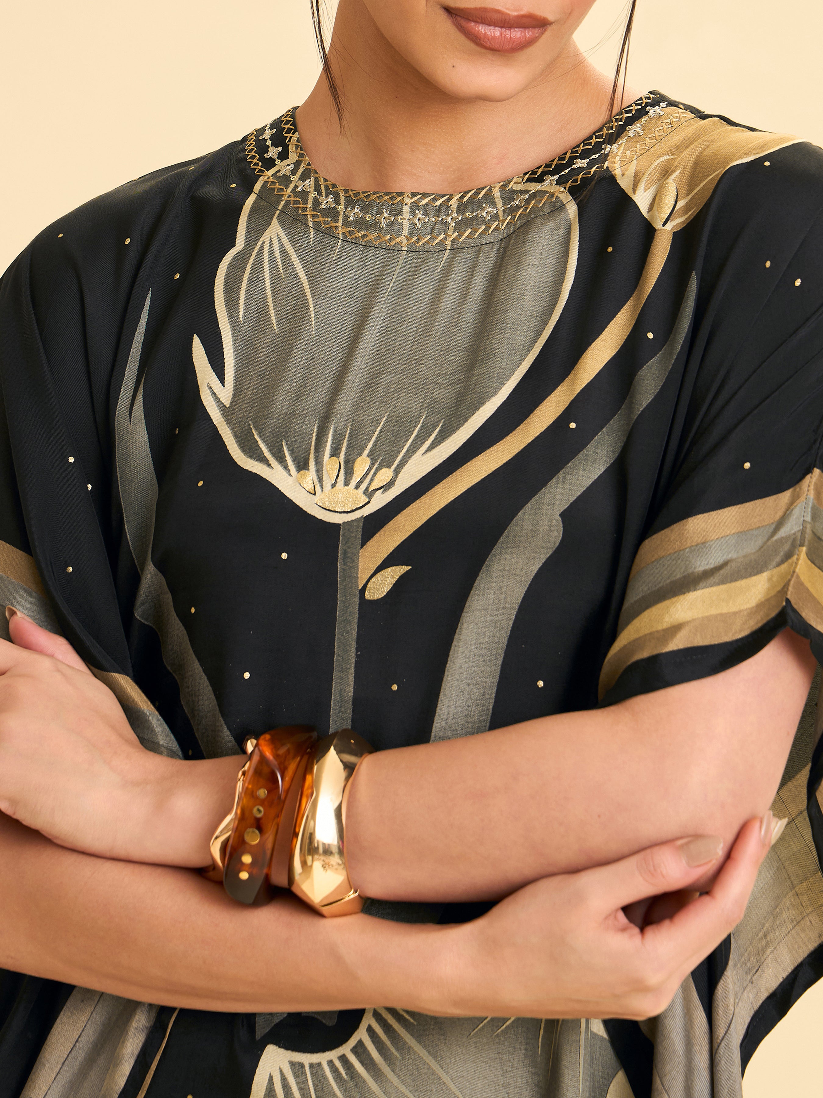 Black Modal Satin Printed Kaftan Kurti With Sequins Embroidery