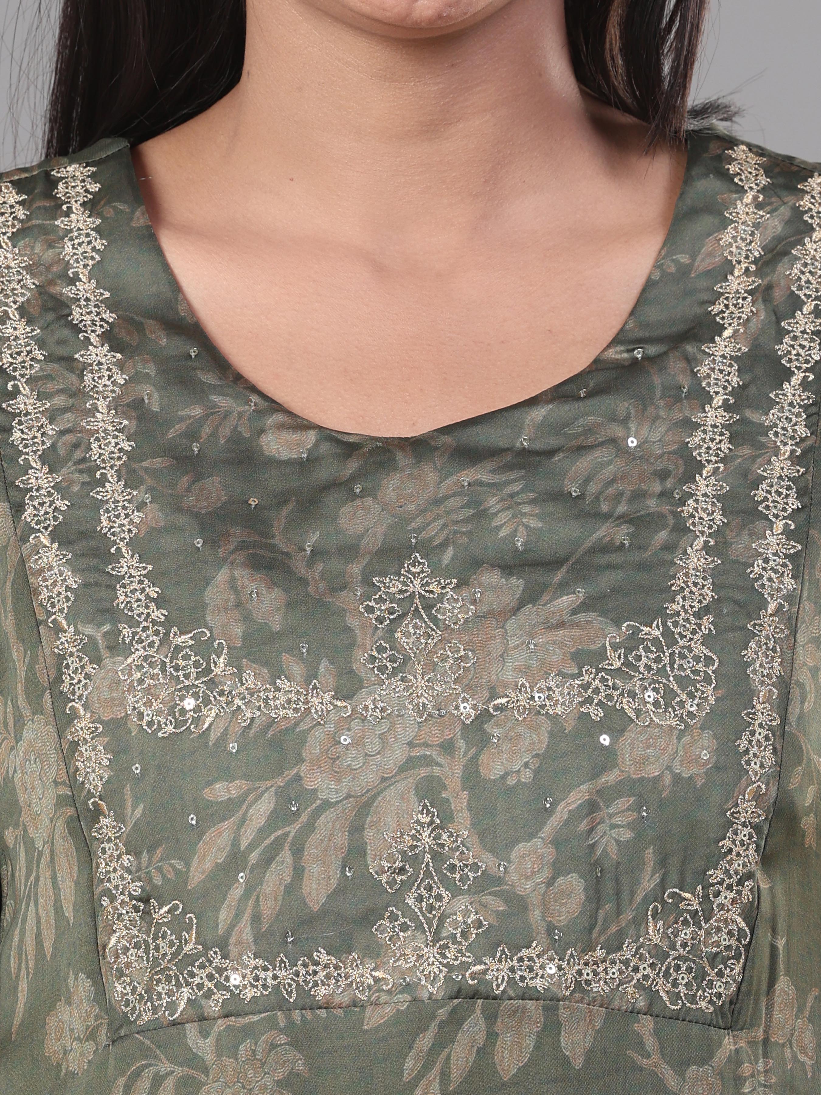 Olive Green Organza Satin Kurti With Embroidery And Matching Bottom