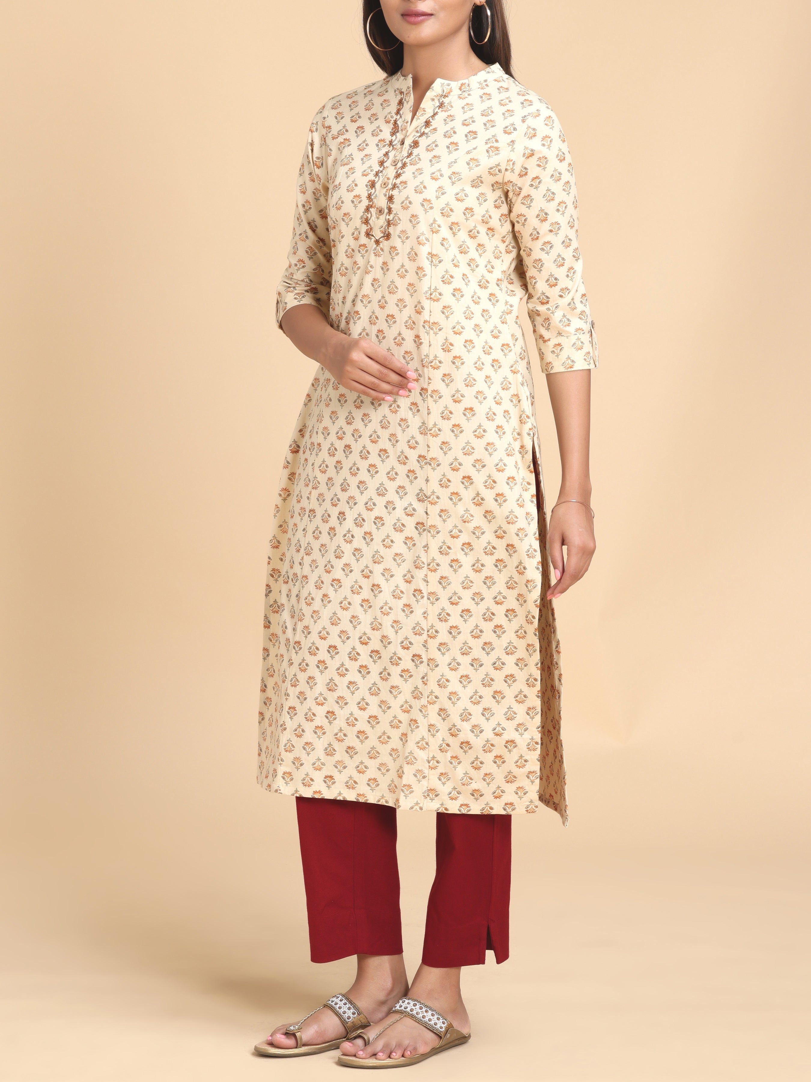 Beige Pure Cotton Printed Kurti