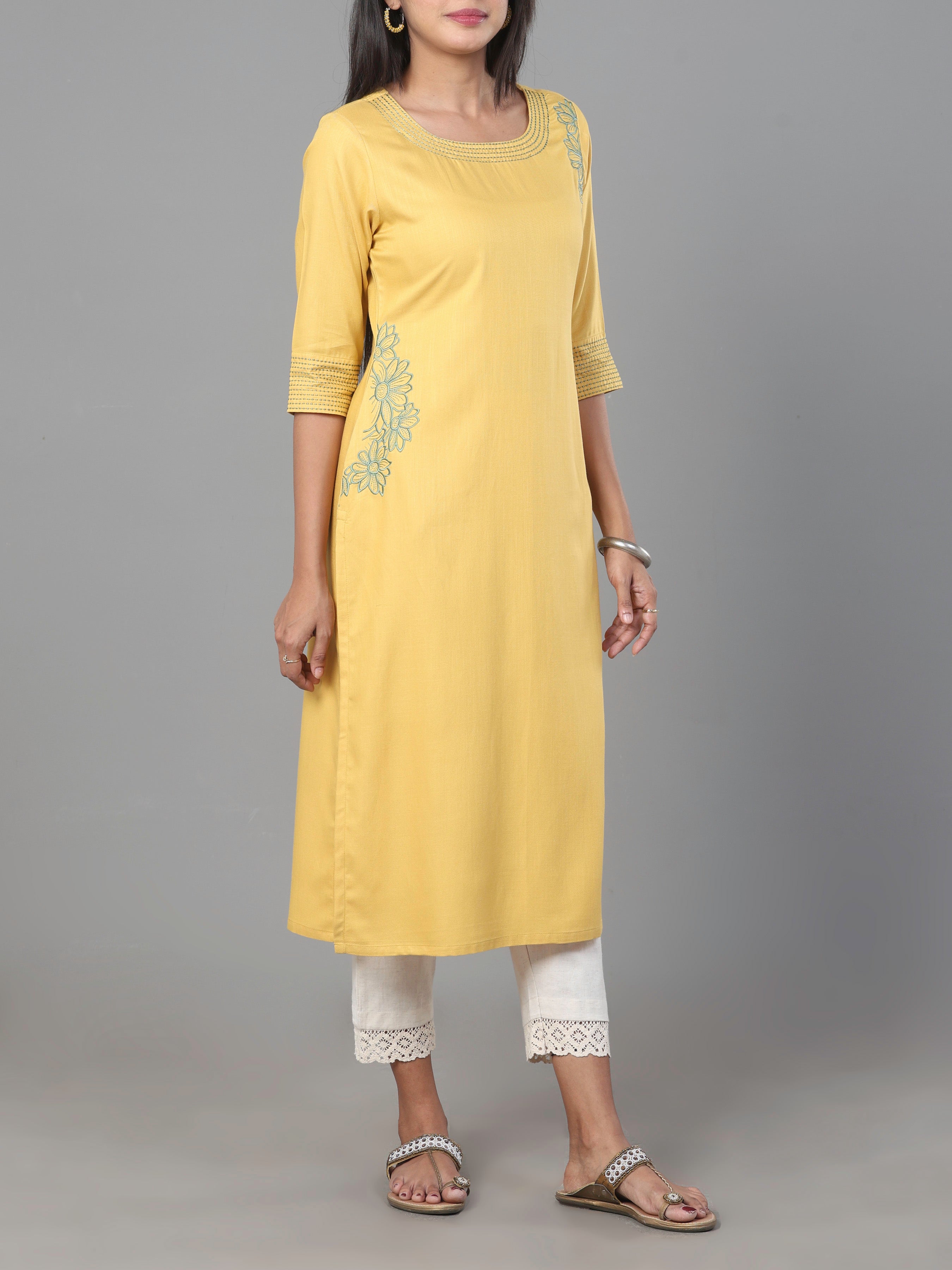 Yellow Viscose Twill Kurti With Embroidery
