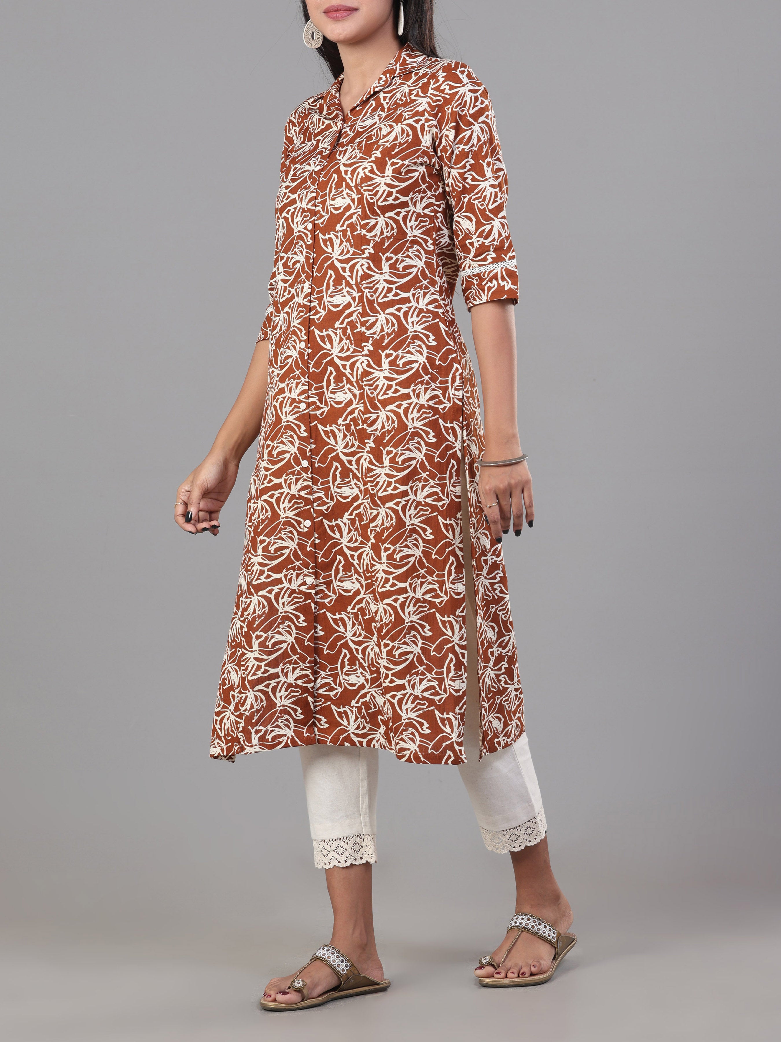 Teak Brown Cotton Flax Printed Kurti