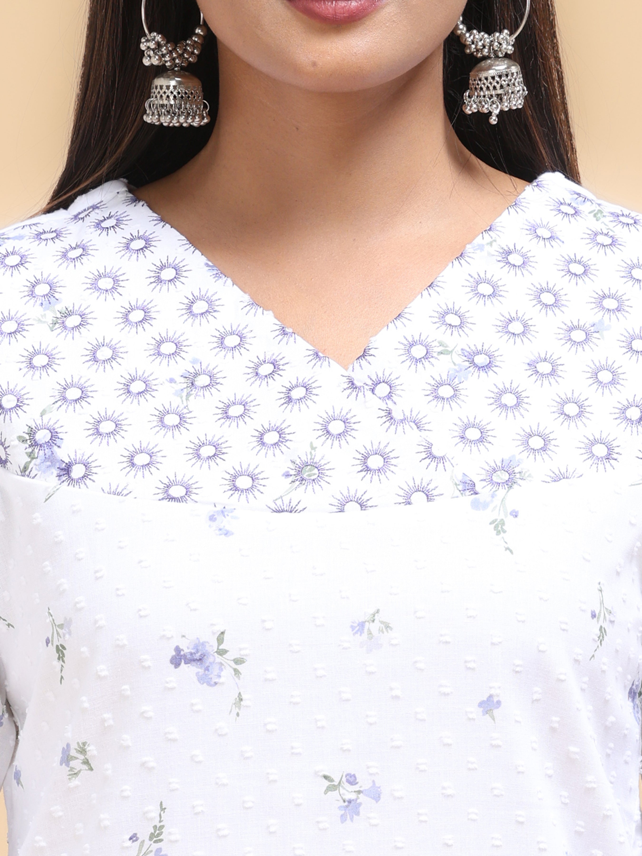 White Cotton Dobby Printed Kurti With Embroidery