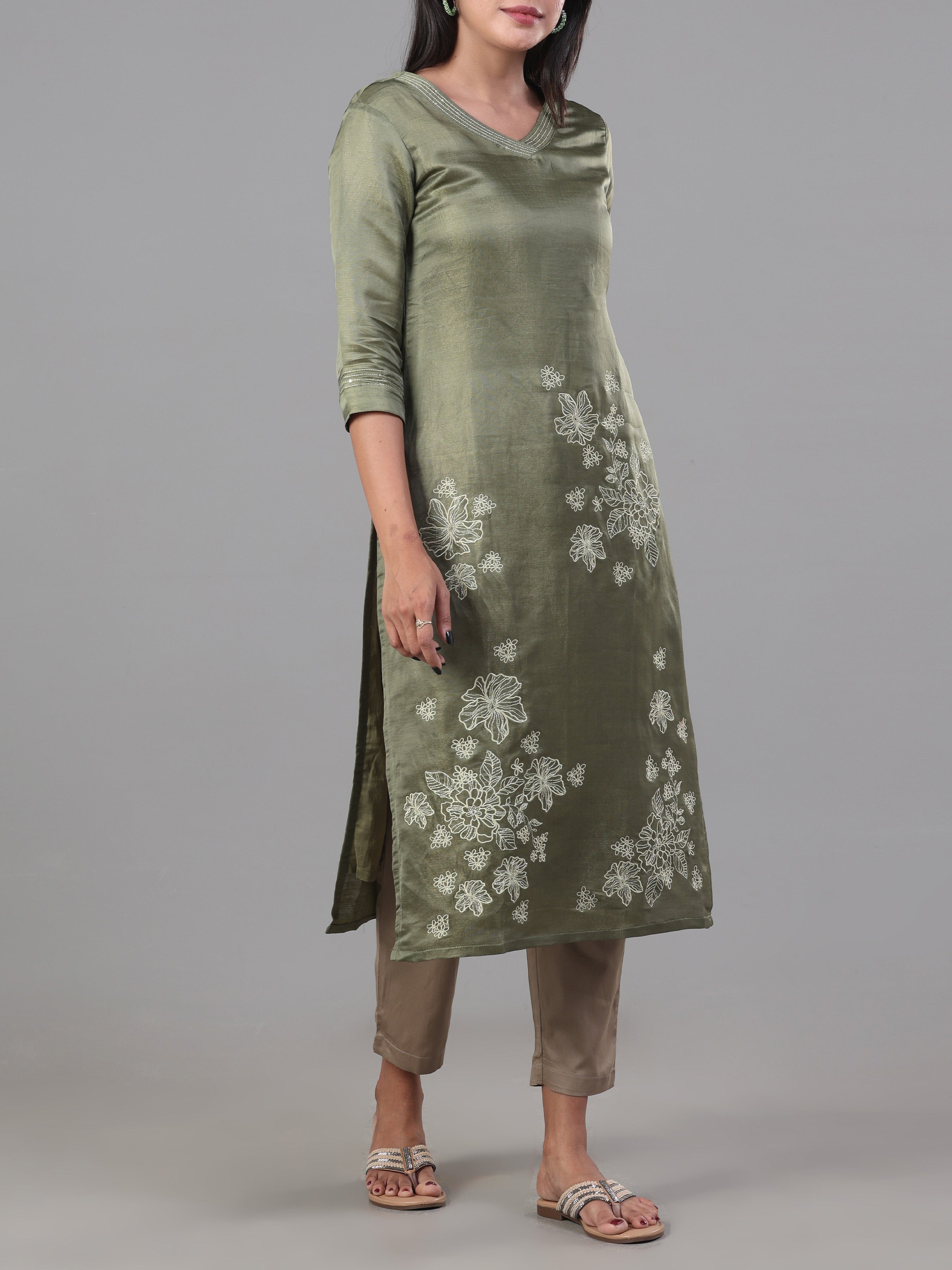 Olive Green Viscose Shimmer Kurti With Embroidery And Matching Bottom