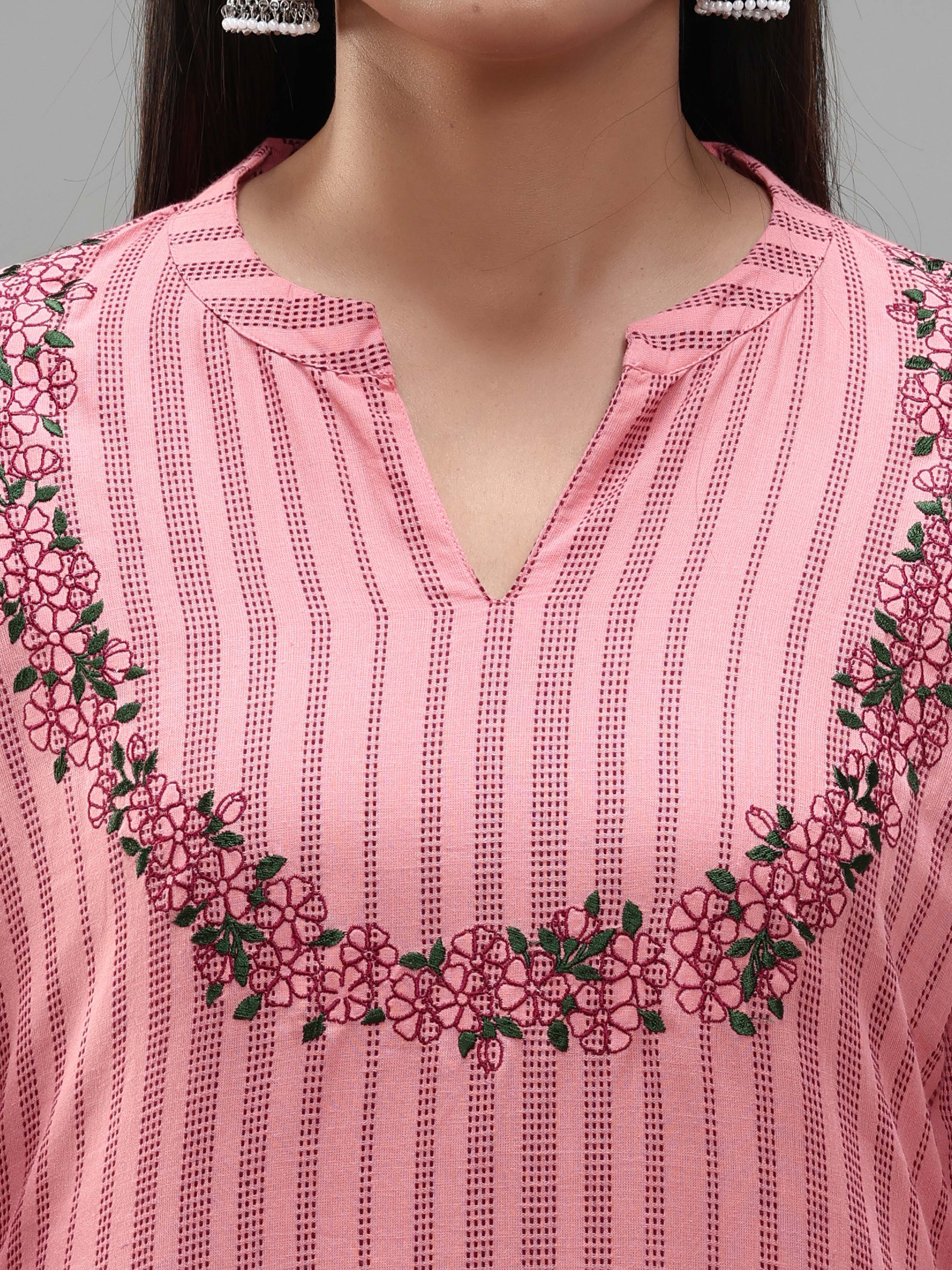 Pink Cotton Dobby Kurti With Embroidery