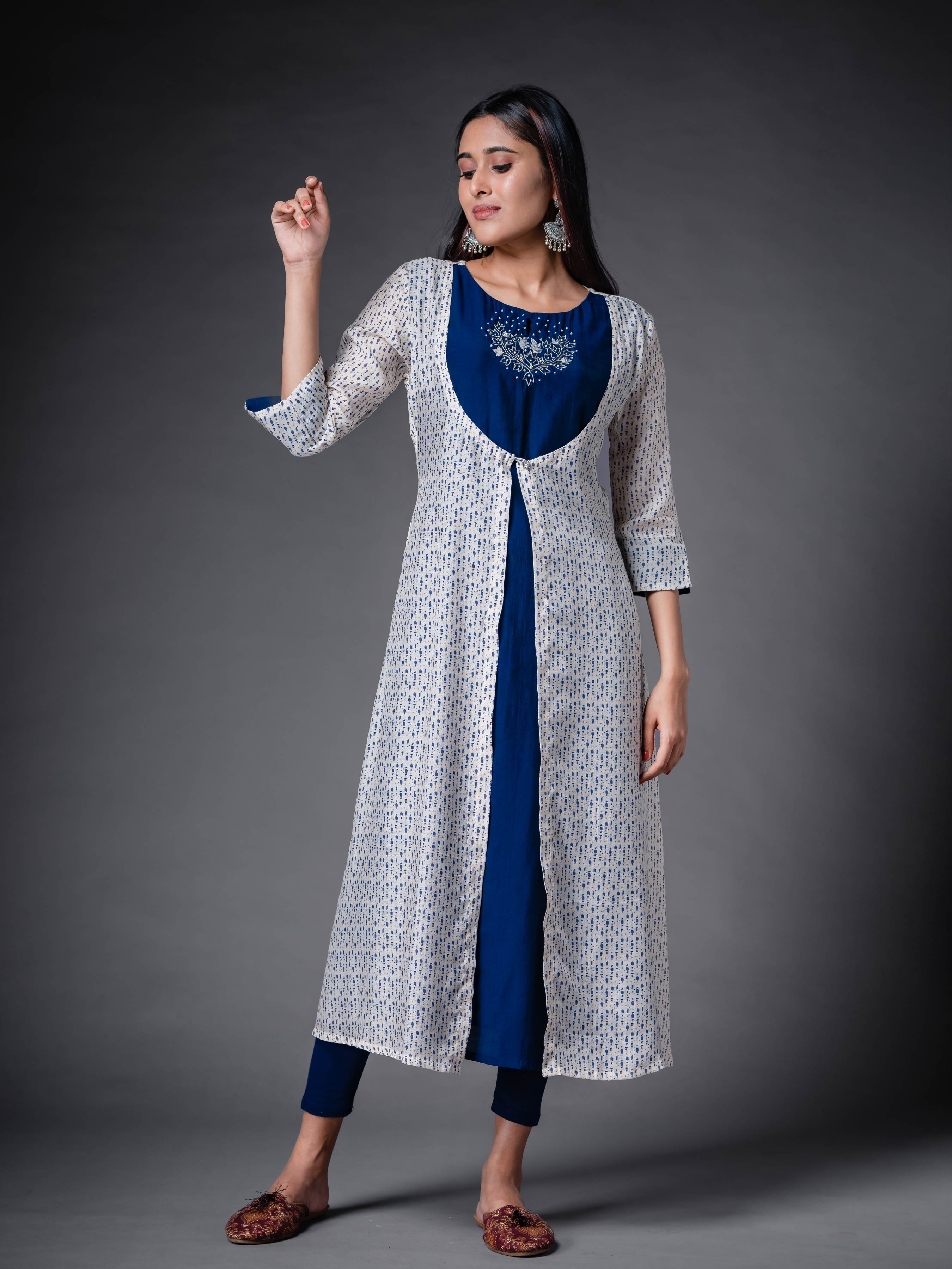 Multi-Colour Muslin Silk Printed Kurti With Handwork And Overcoat