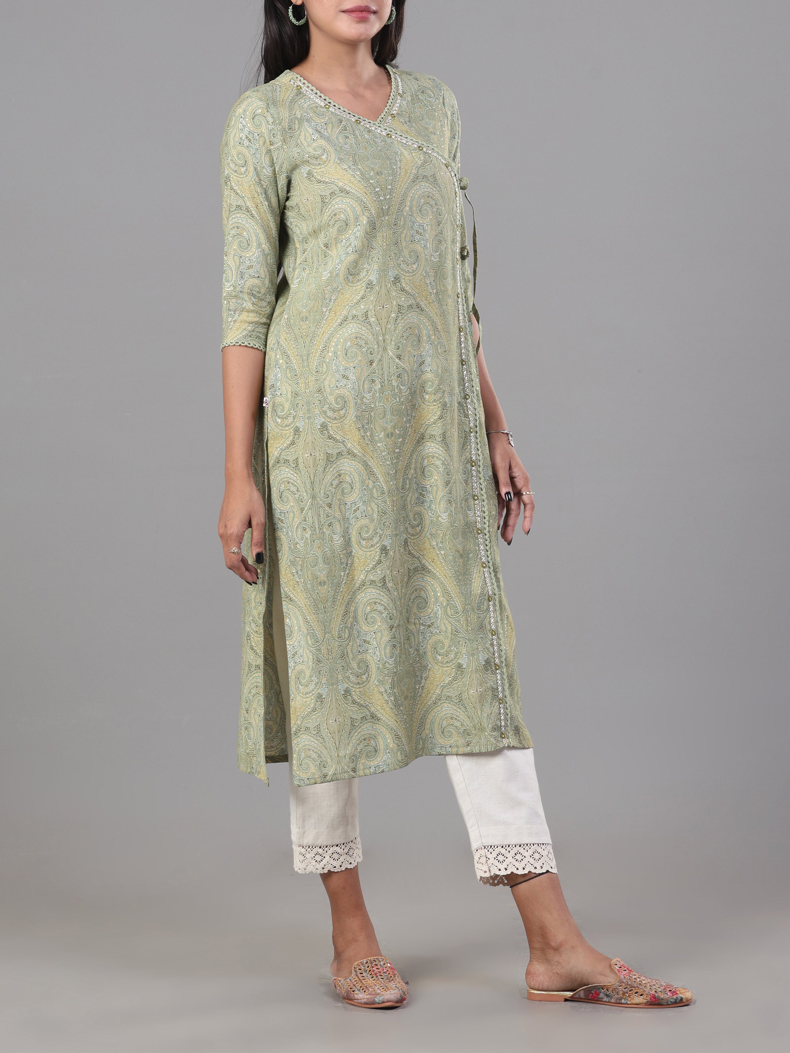 Light Green Modal Chanderi Printed Kurti With Lace Detailing