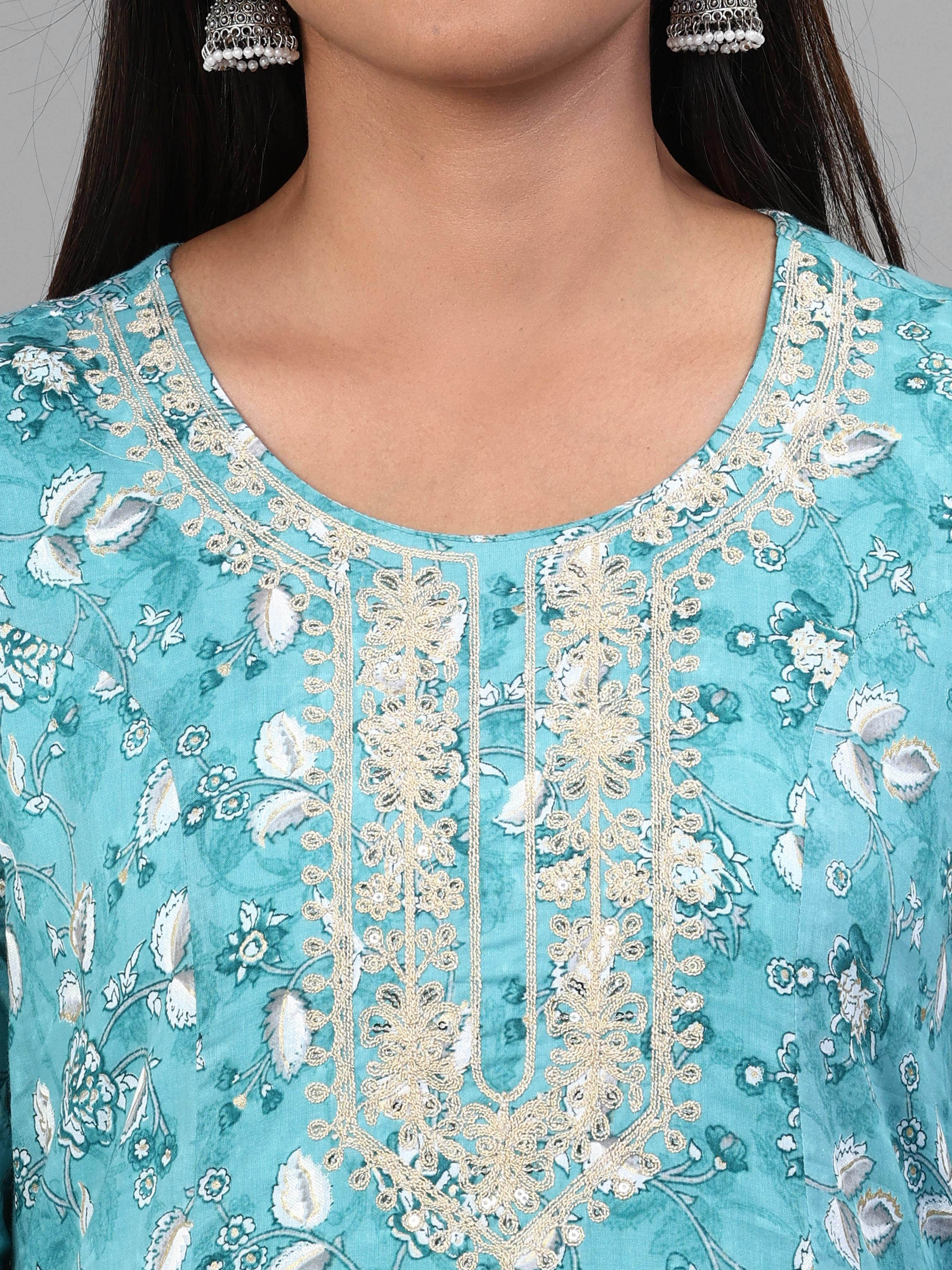 Aqua Blue Pure Cotton Printed Kurti With Embroidery