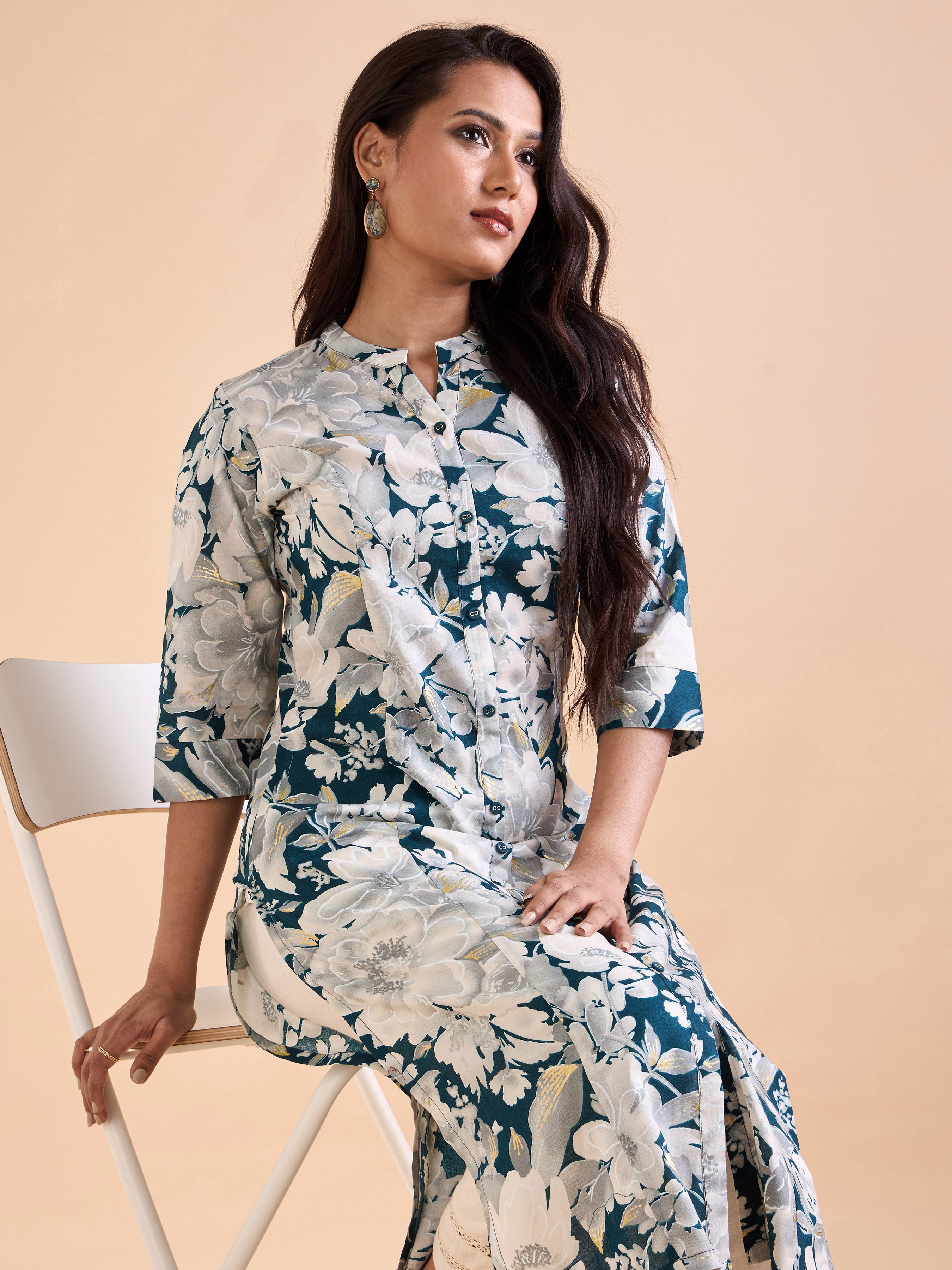 Teal Blue Pure Cotton Printed Kurti