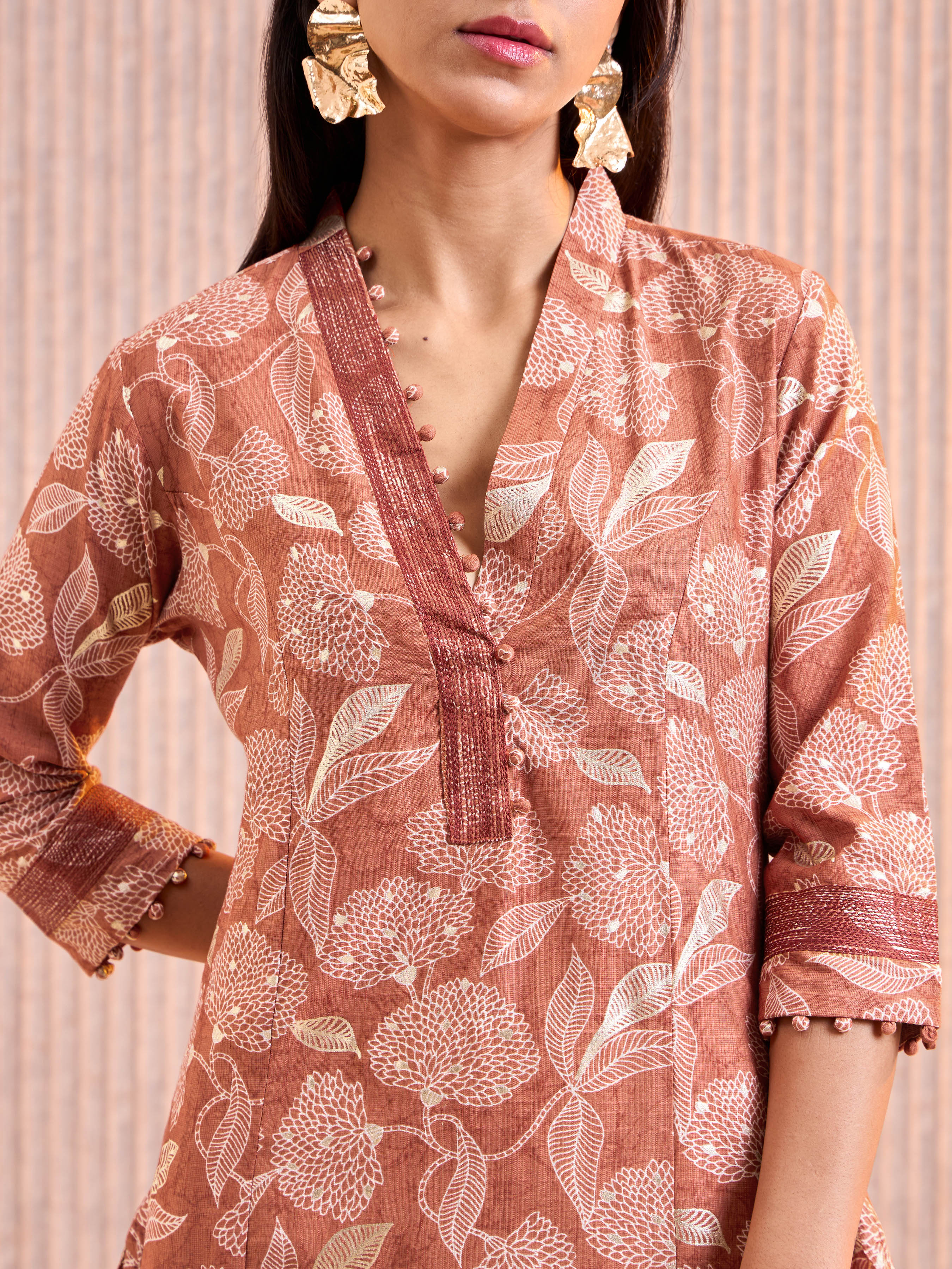 Rust Orange Viscose Blend Slited Princess Cut Kurti With Embroidery Work