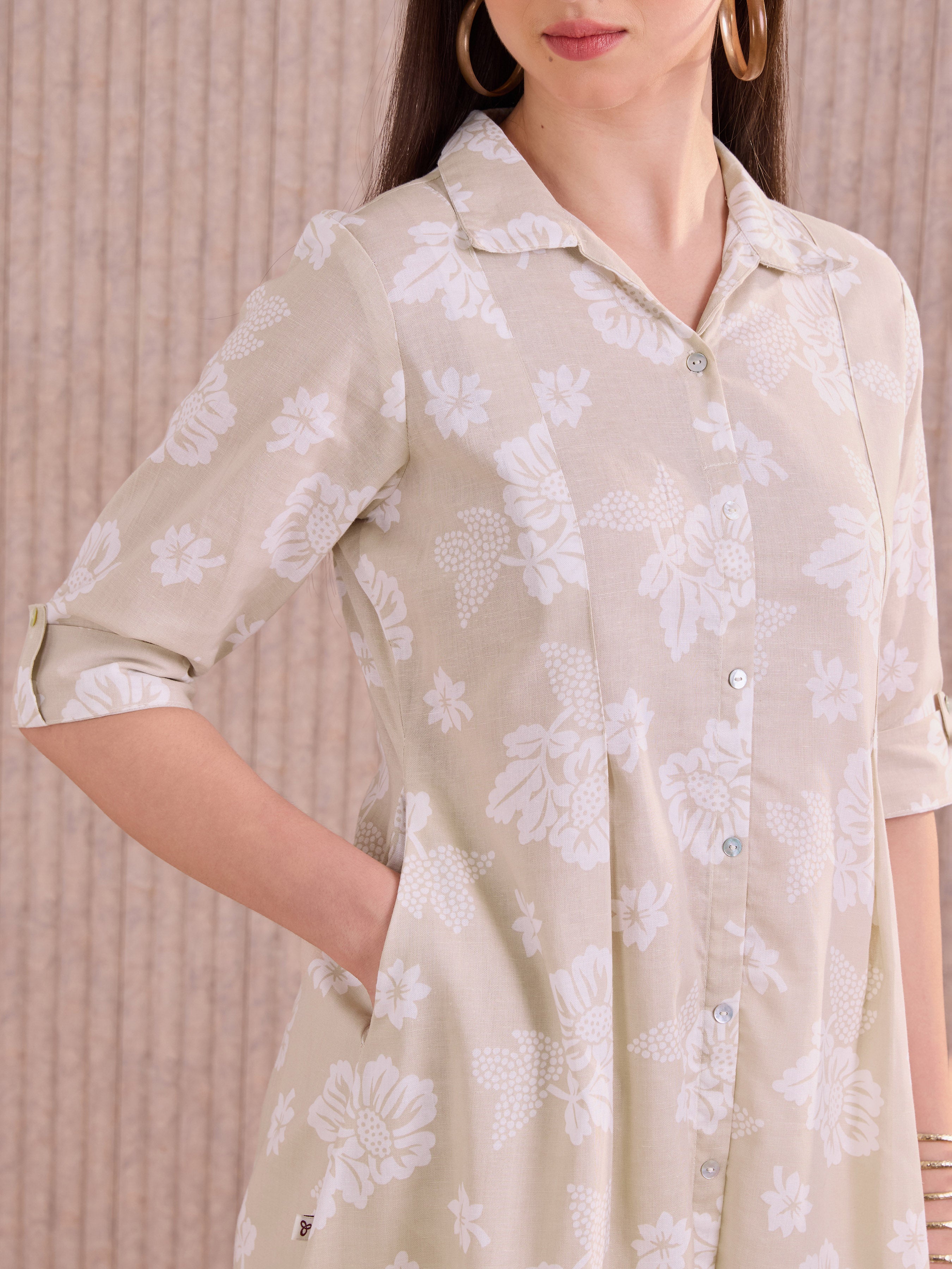 Beige Cotton Flax Kurti With Print