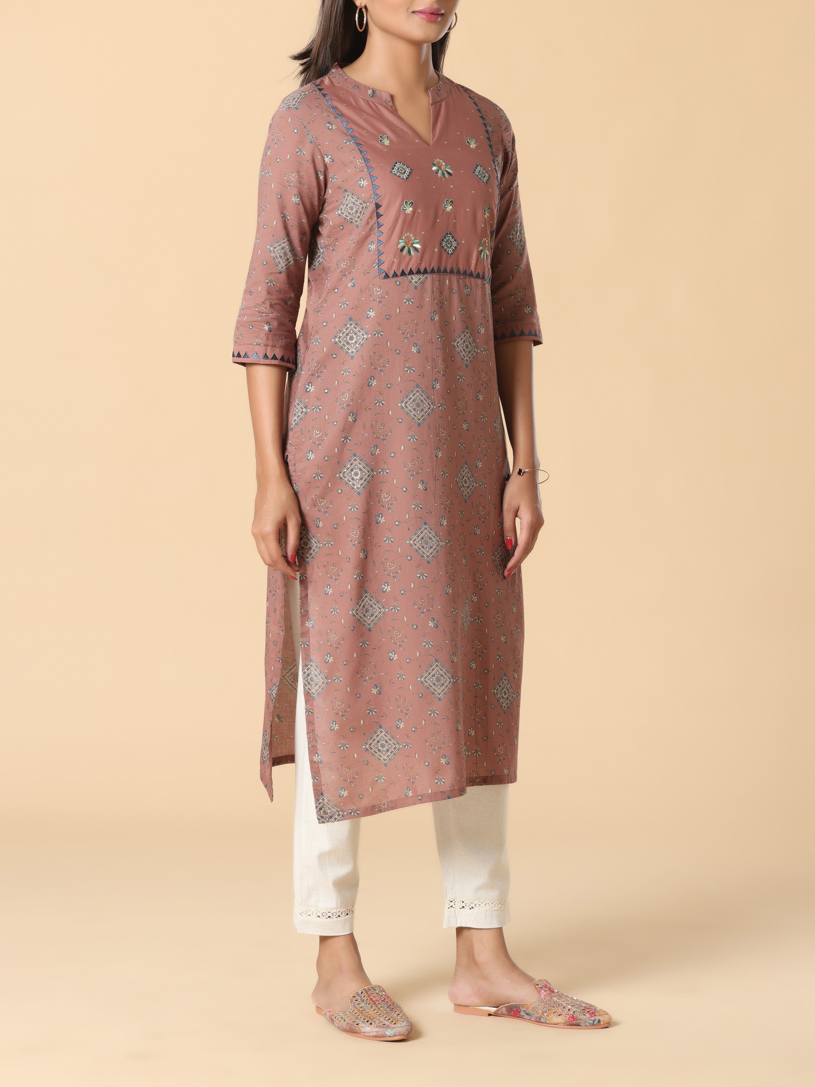 Light Brown Pure Cotton Printed Kurti With Embroidery