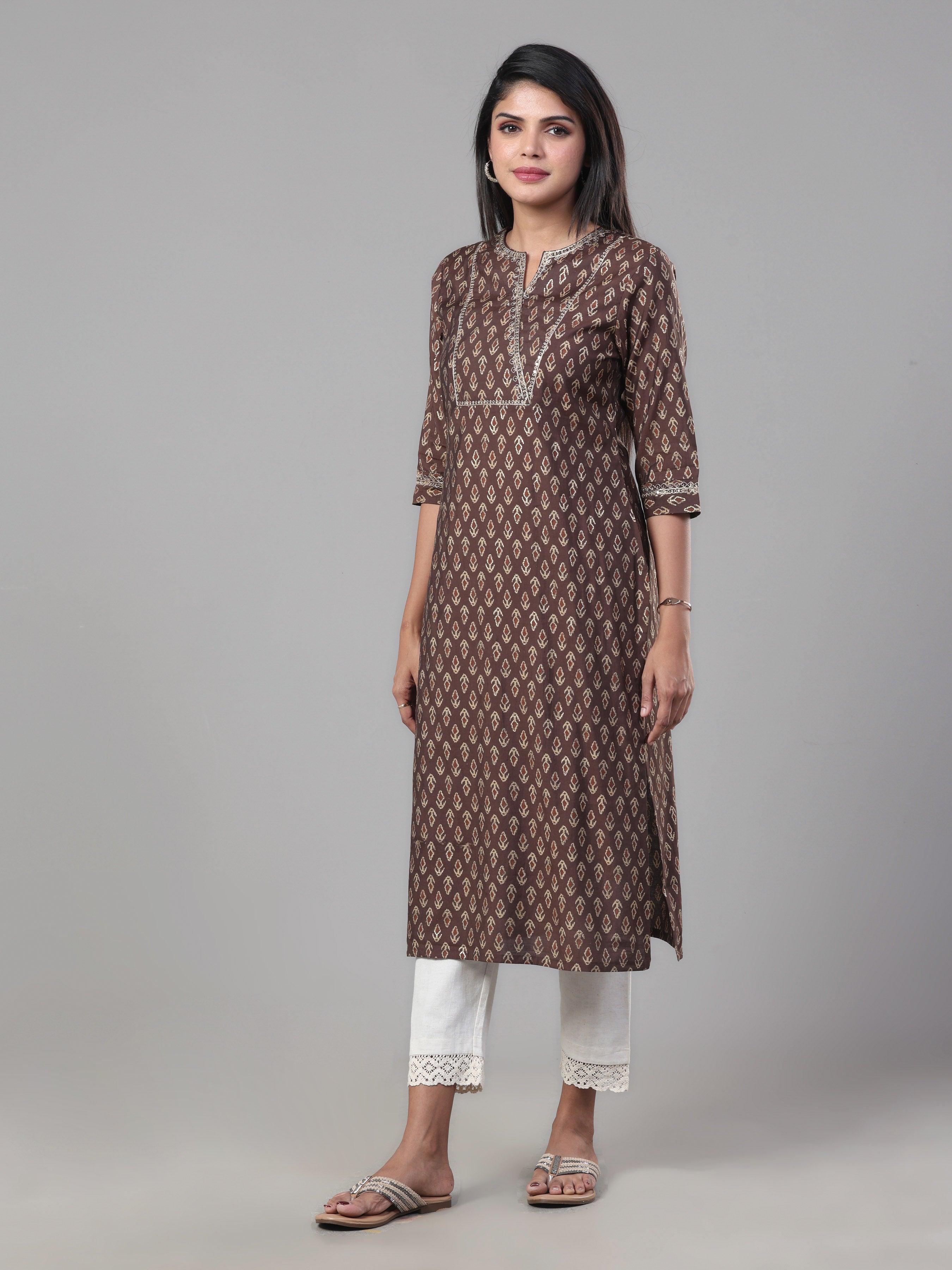 Coffee Brown Modal Chanderi Printed Kurti With Embroidery