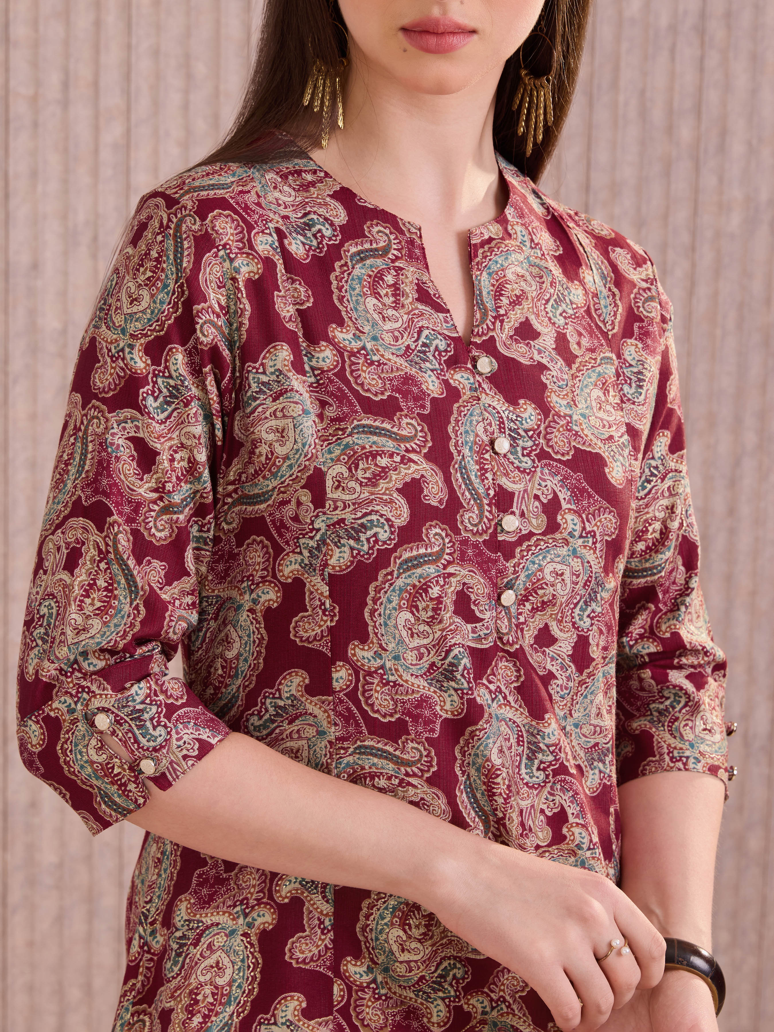 Maroon Viscose Blend Printed Kurti