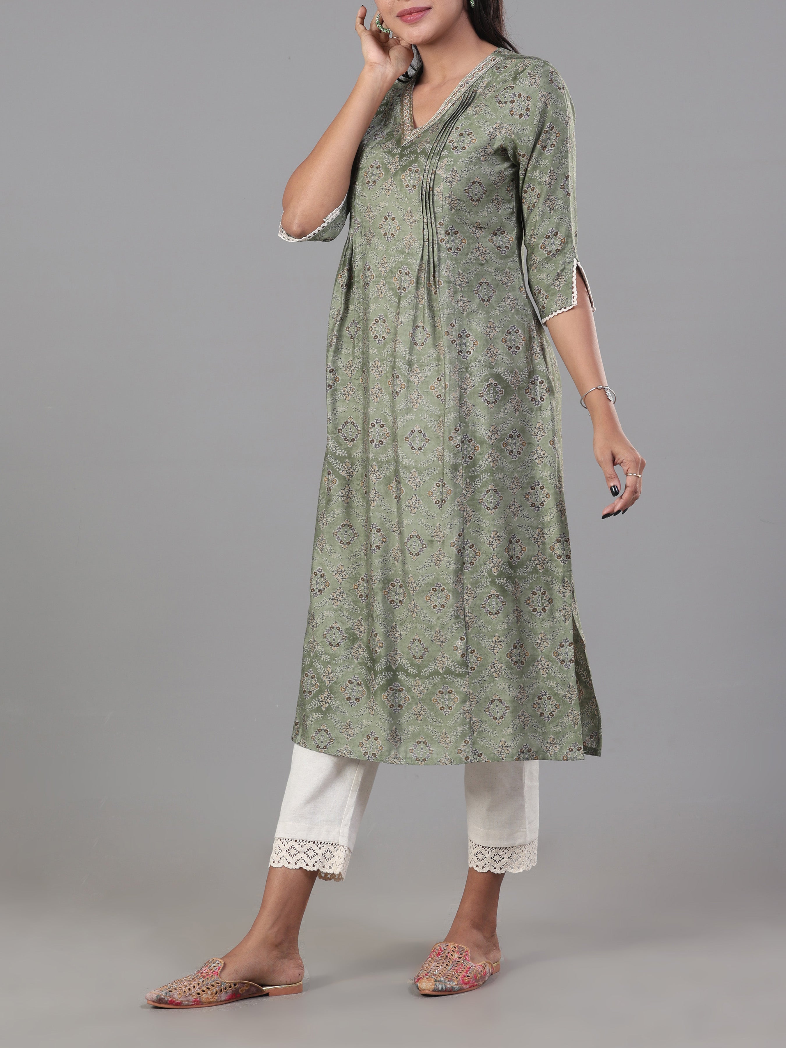 Olive Green Modal Chanderi Printed Kurti With Embroidery