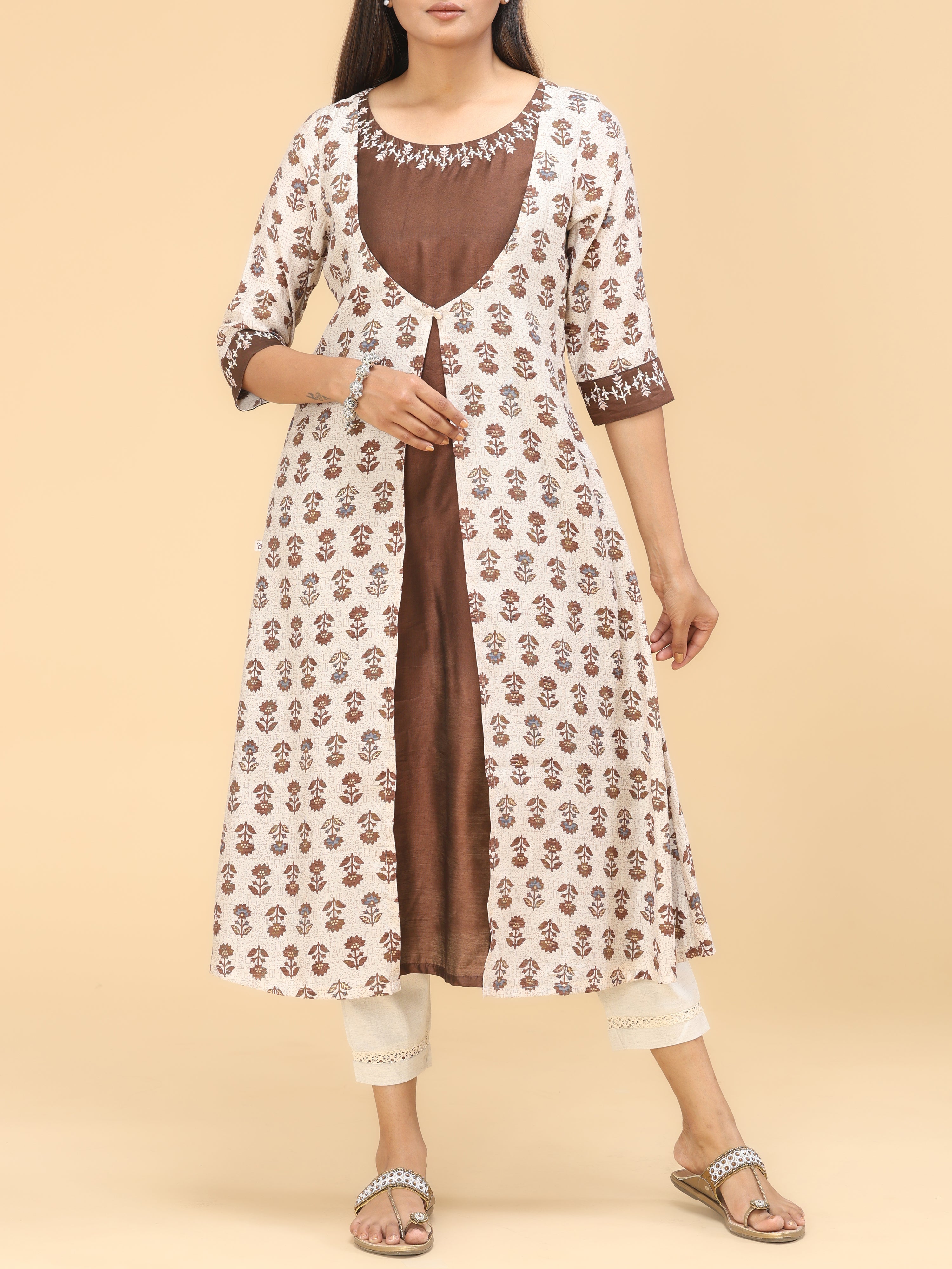 Brown Modal Chanderi Kurti With Print